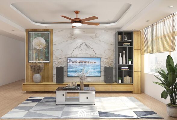 Vách tivi hiện đại được ốp đá Marble vân mây cùng hệ lam sóng và kệ tivi bằng gỗ công nghiệp