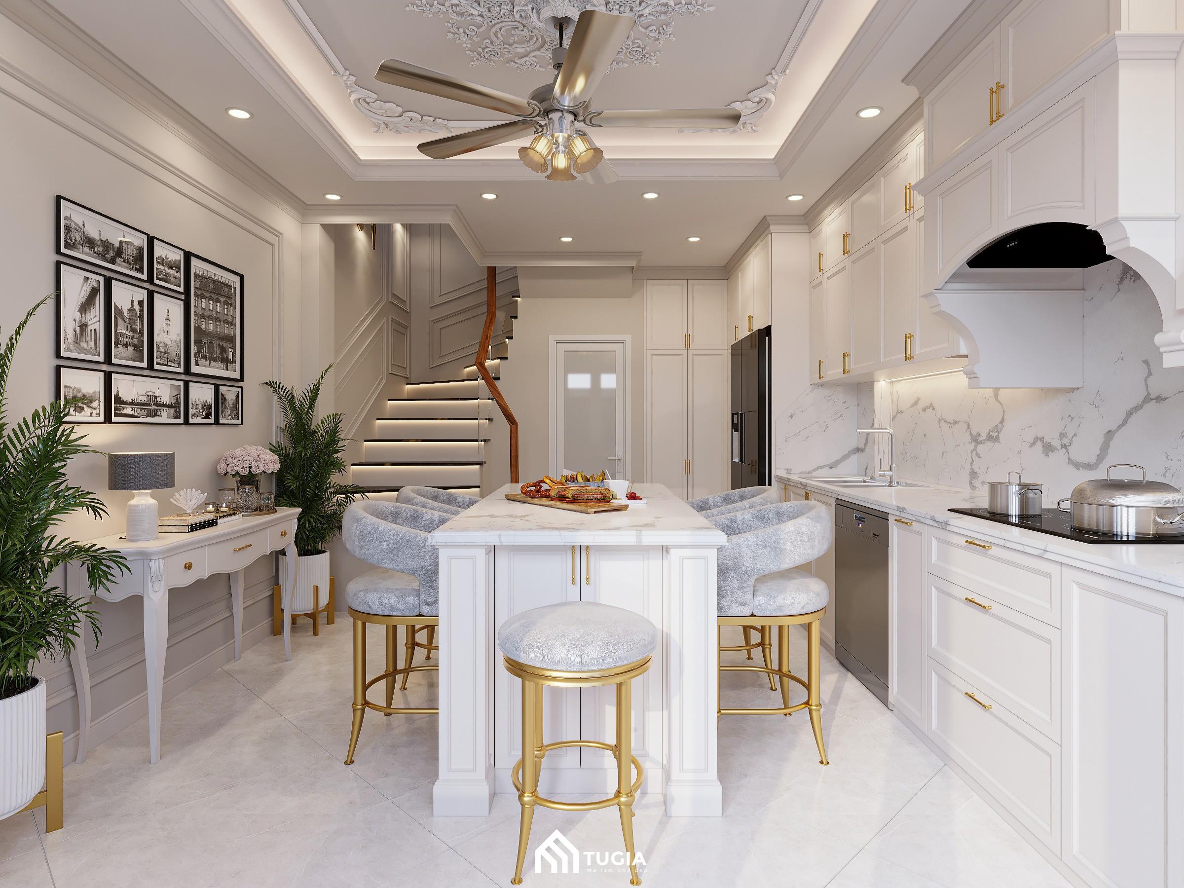 Mẫu phòng bếp nhà ống 5m được Nội thất Tứ Gia thiết kế theo phong cách Tân cổ điển