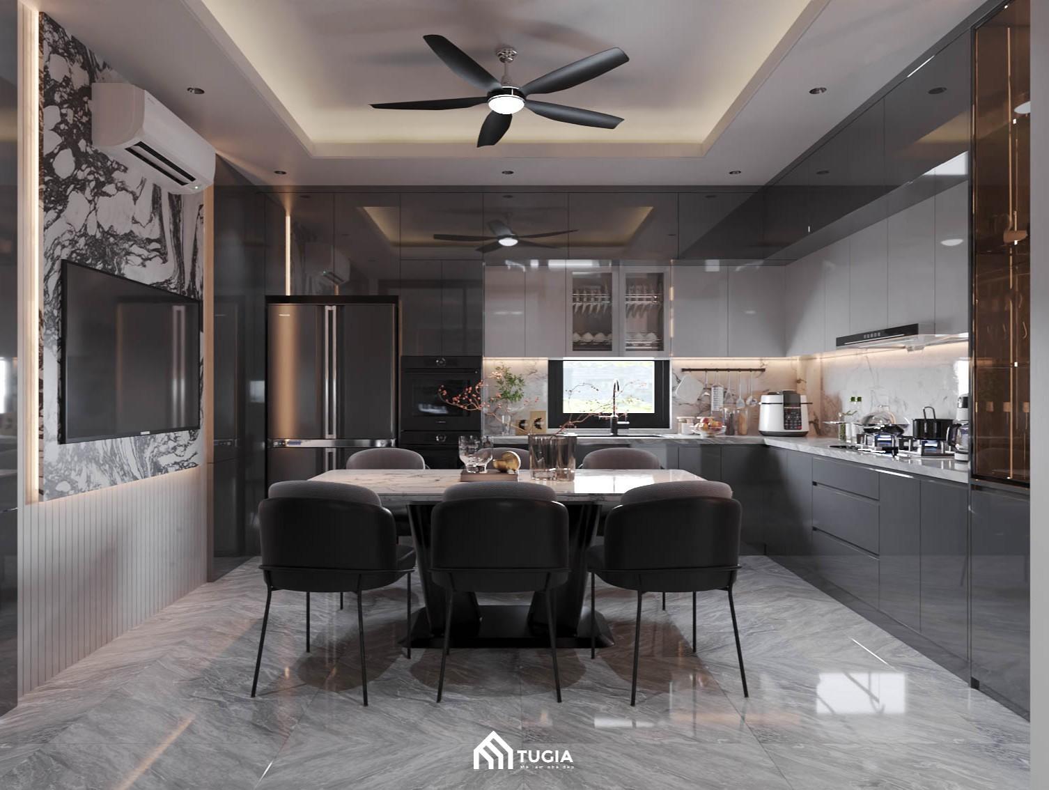 Dự án thiết kế phòng bếp nhà ống hiện đại tone màu đen xám cho Anh Tuyển tại Kim Giang, Hà Nội