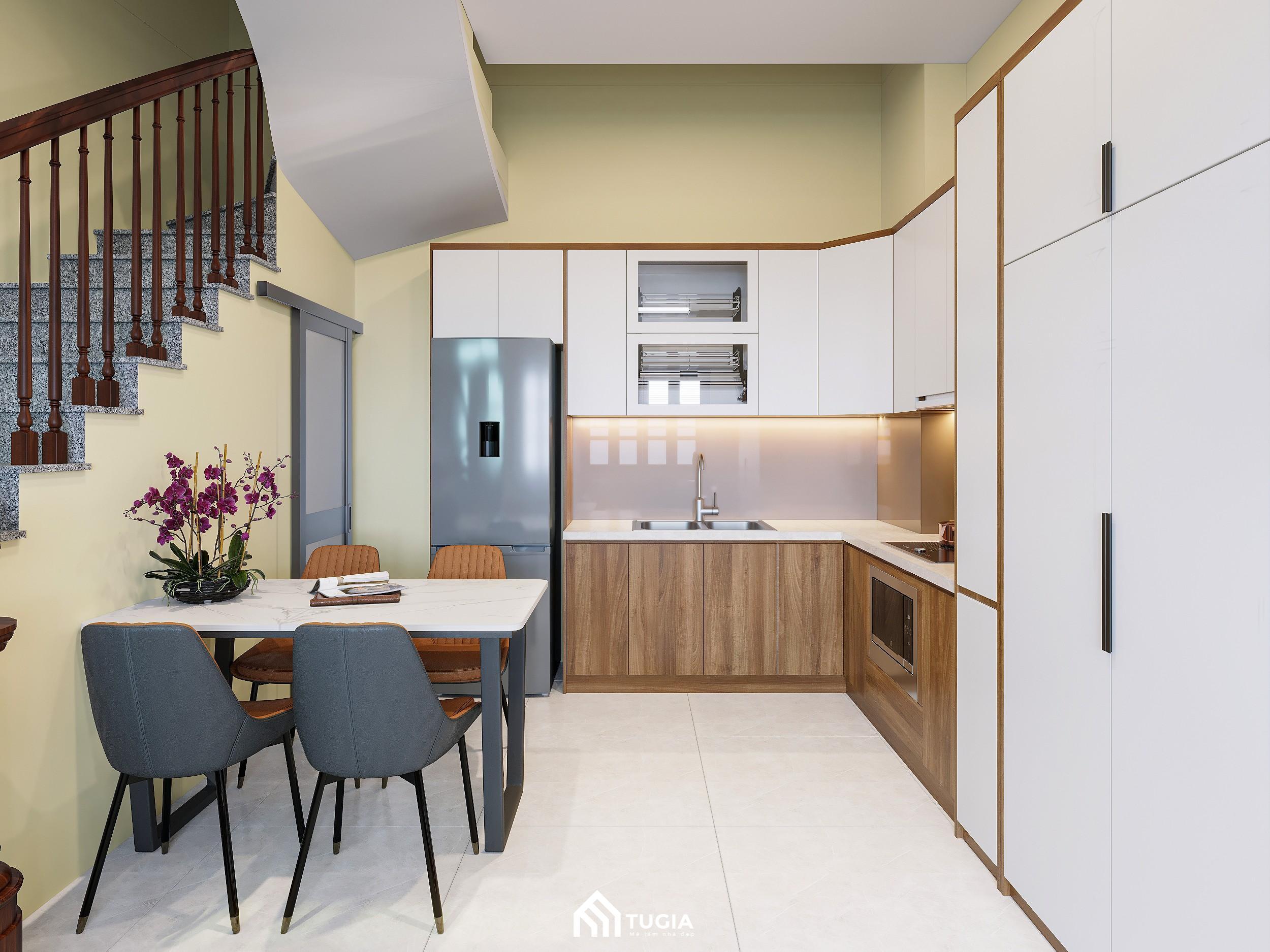 Căn bếp nhà ống 5m được Nội thất Tứ Gia thiết kế với chất liệu gỗ công nghiệp hiện đại