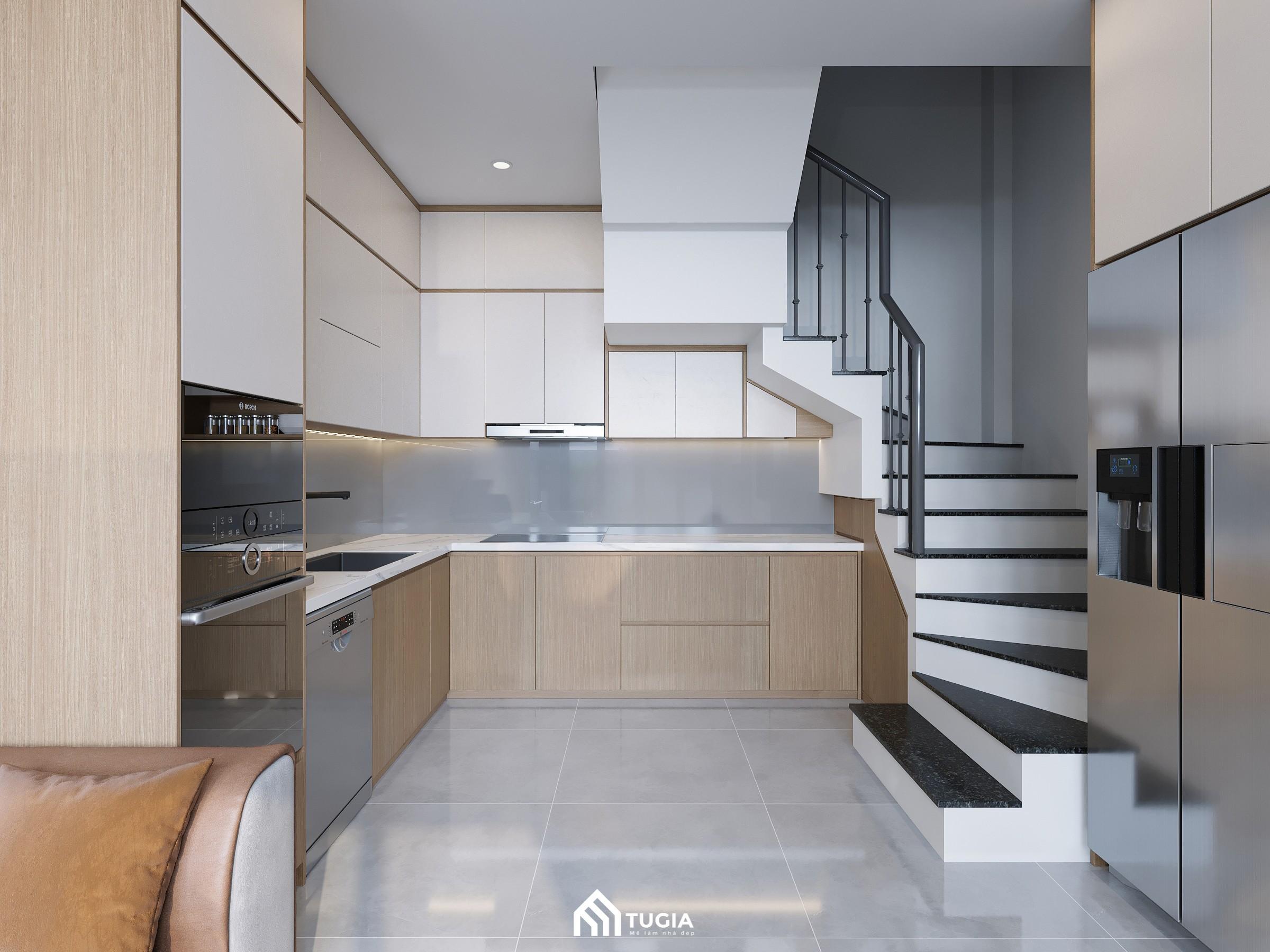 Nội thất Tứ Gia thiết kế phòng bếp nhà ống 5m phong cách tối giản cho Anh Vũ tại Long Biên, Hà Nội