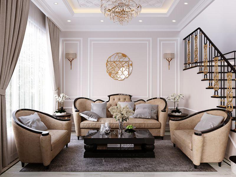 Phòng khách biệt thự tân cổ điển rộng rãi với bộ sofa cao cấp làm điểm nhấn