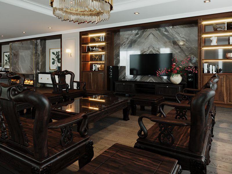 Sử dụng bộ bàn ghế phòng khách bằng gỗ tự nhiên được chạm trổ hoa văn cầu kỳ, tỉ mỉ