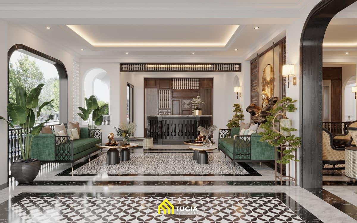 Mẫu thiết kế phòng khách biệt thự Indochine nổi bật với vẻ đẹp hiện đại pha cổ điển