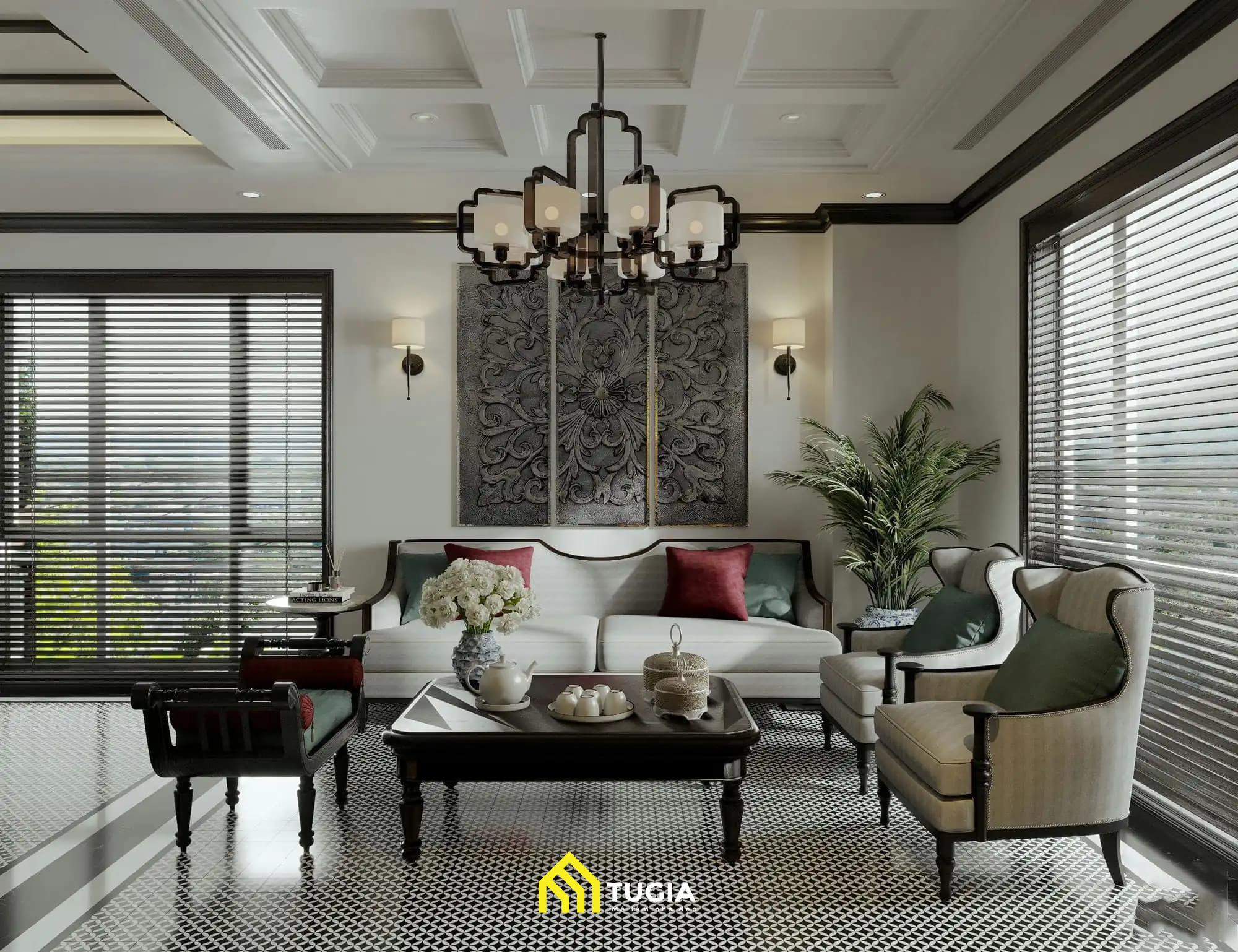 Phòng khách Indochine thu hút nhờ sự ấm cúng, nhẹ nhàng, trang nhã