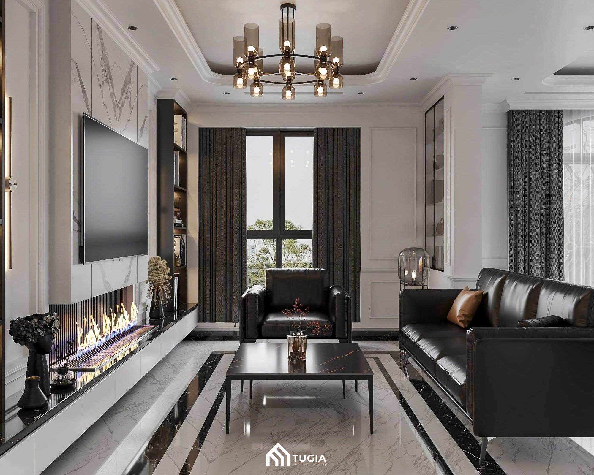 Không gian phòng khách thiết kế nhìn ra cửa sổ lớn, lấy ánh sáng tự nhiên tốt, đồng thời cho cảm giác thoáng đãng