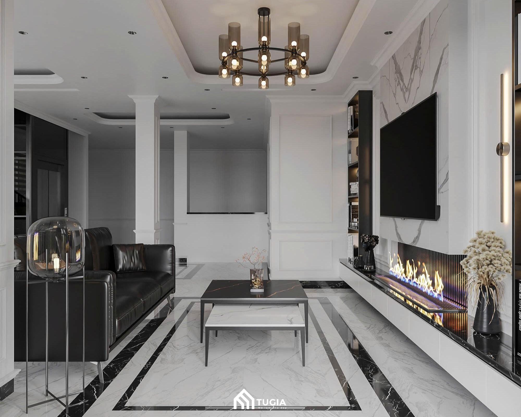 Bộ sofa da đen thiết kế đơn giản mà sang trọng, giúp căn phòng không bị rối mắt