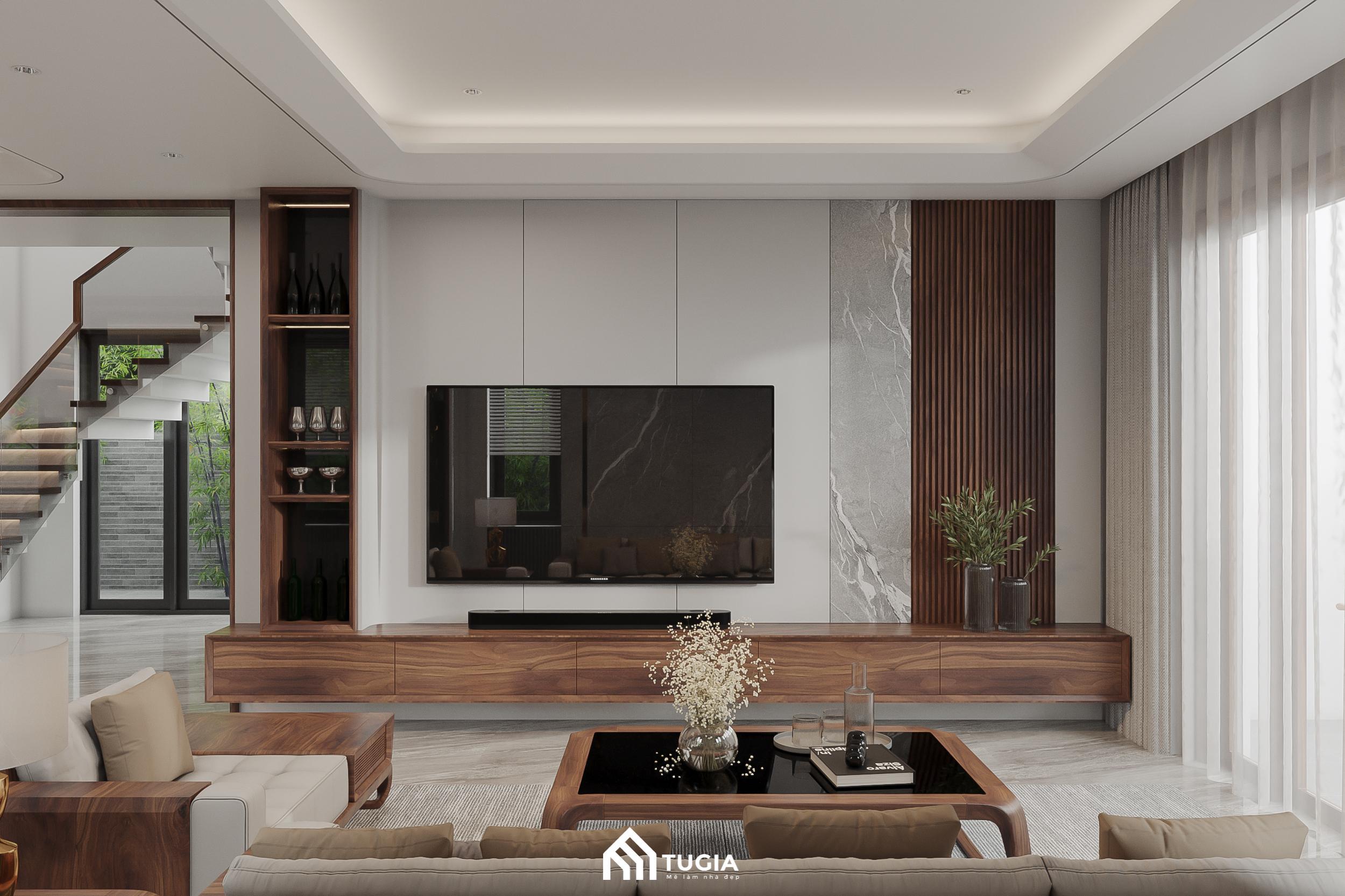 Thiết kế phòng khách biệt thự hiện đại sẽ sử dụng những đồ nội thất phổ biến như sofa và bàn trà gỗ tự nhiên