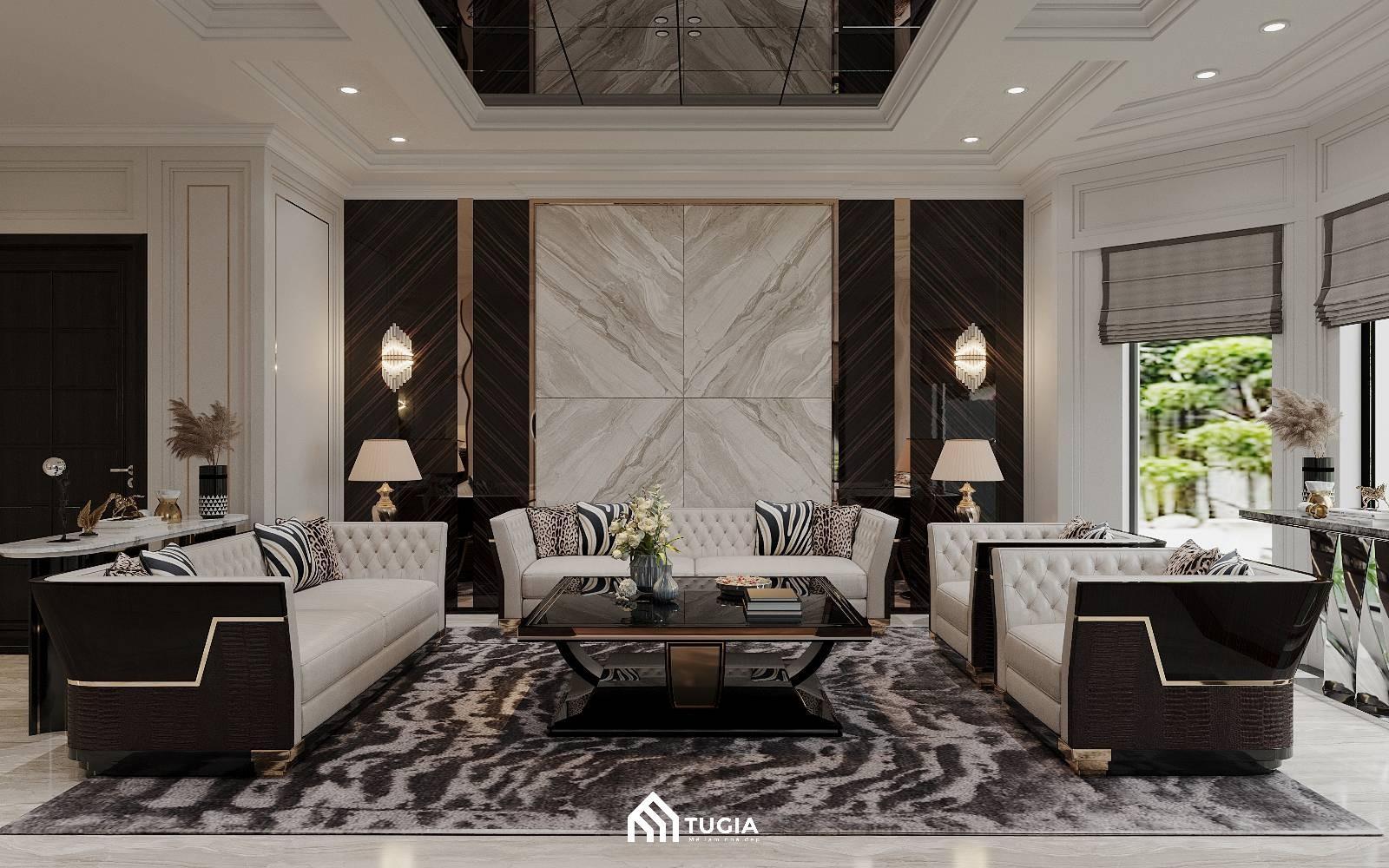 Thiết kế phòng khách biệt thự Luxury sử dụng vật liệu quý, có độ phản chiếu cao