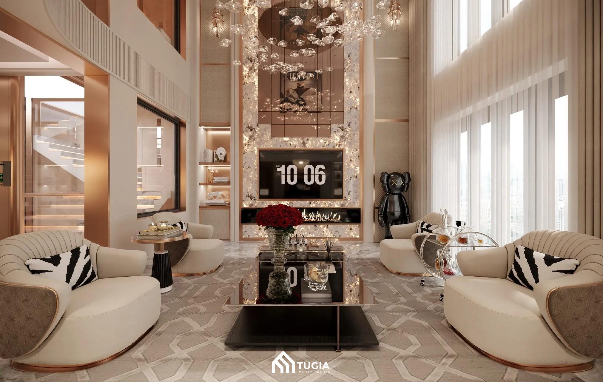 Phòng khách biệt thự Luxury với bộ sofa gỗ bọc nhung làm điểm nhấn