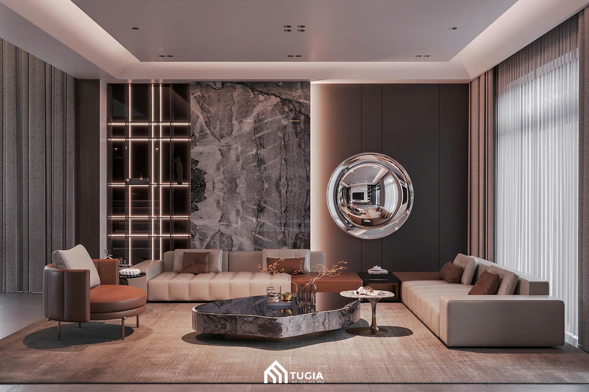 Nội thất phòng khách biệt thự Luxury bằng đá, gỗ, da chế tác tinh xảo