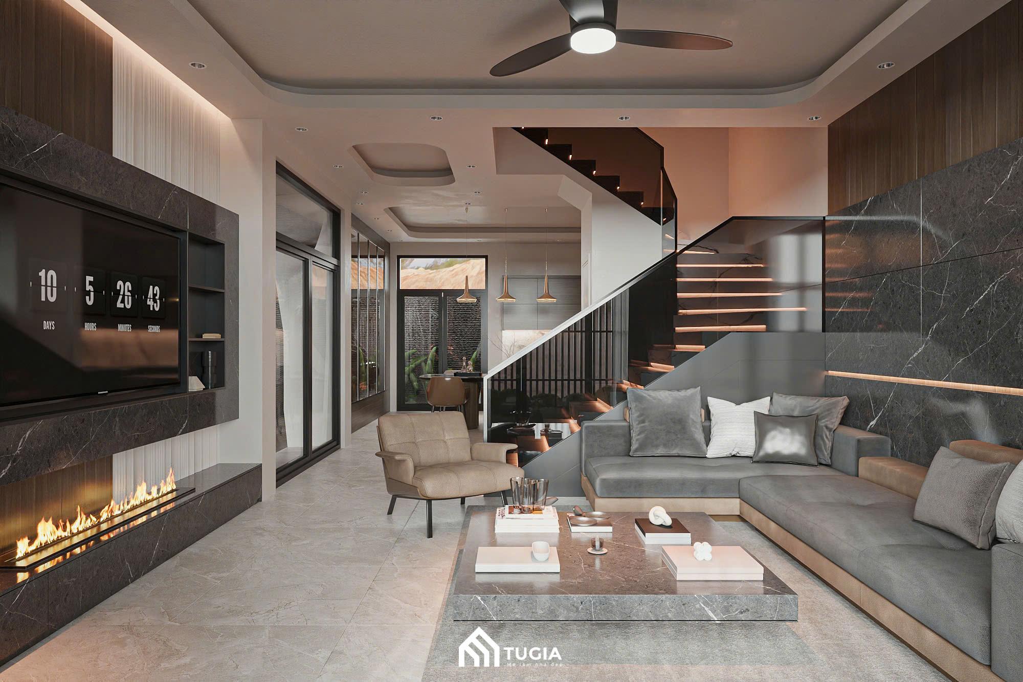 Phòng khách biệt thự phong cách hiện đại sẽ lược bỏ đi những họa tiết hoa văn quá cầu kỳ