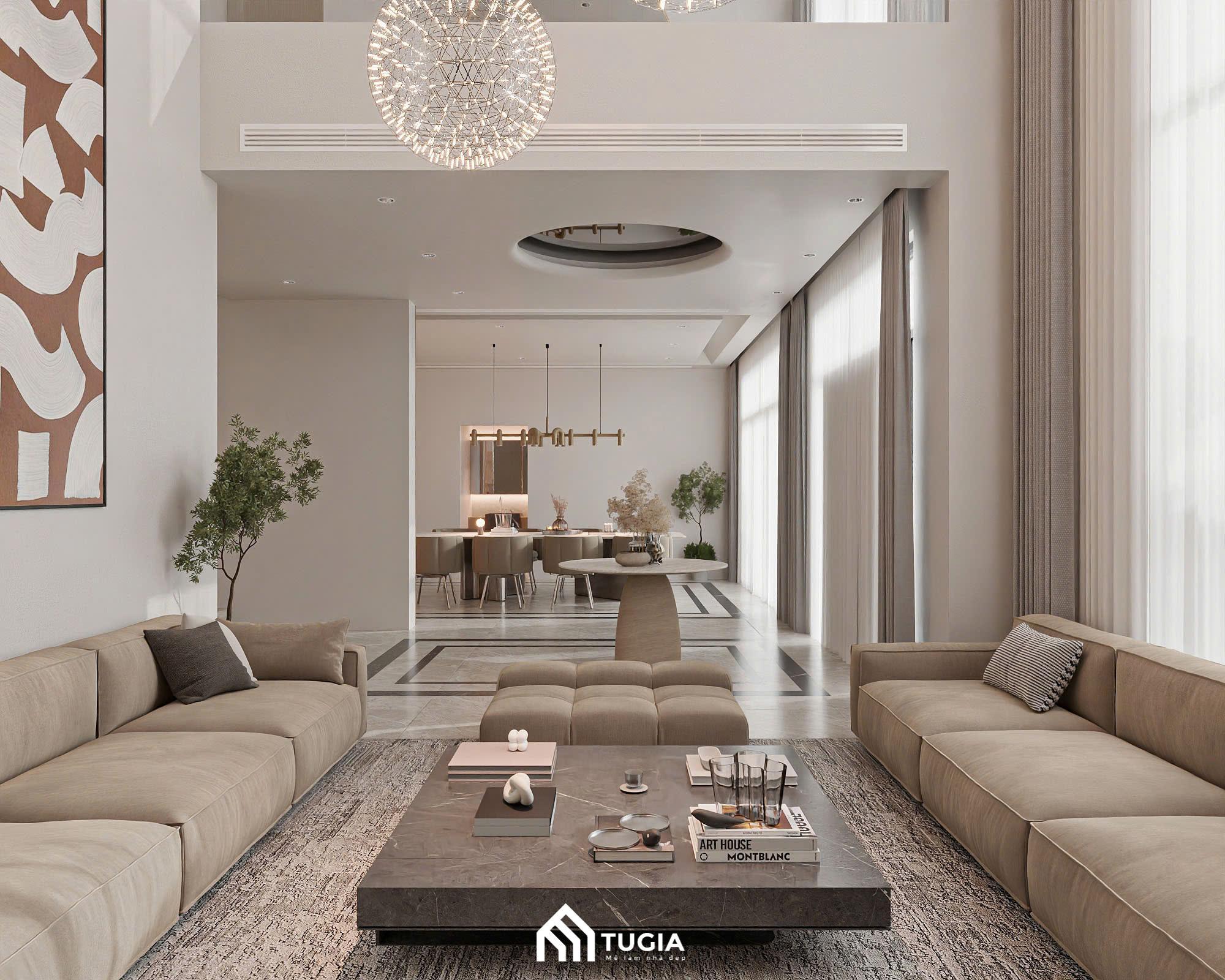 Tạo điểm nhấn độc đáo cho phòng khách biệt thự với tranh ảnh, đèn chùm, tượng nghệ thuật