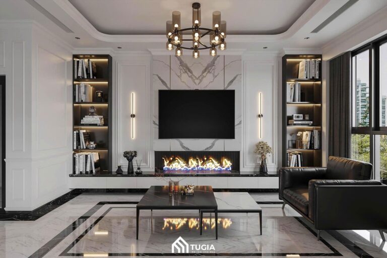 Không gian phòng khách diện tích 50m2 được thiết kế theo phong cách tân cổ điển cực kỳ sang trọng, tiện nghi