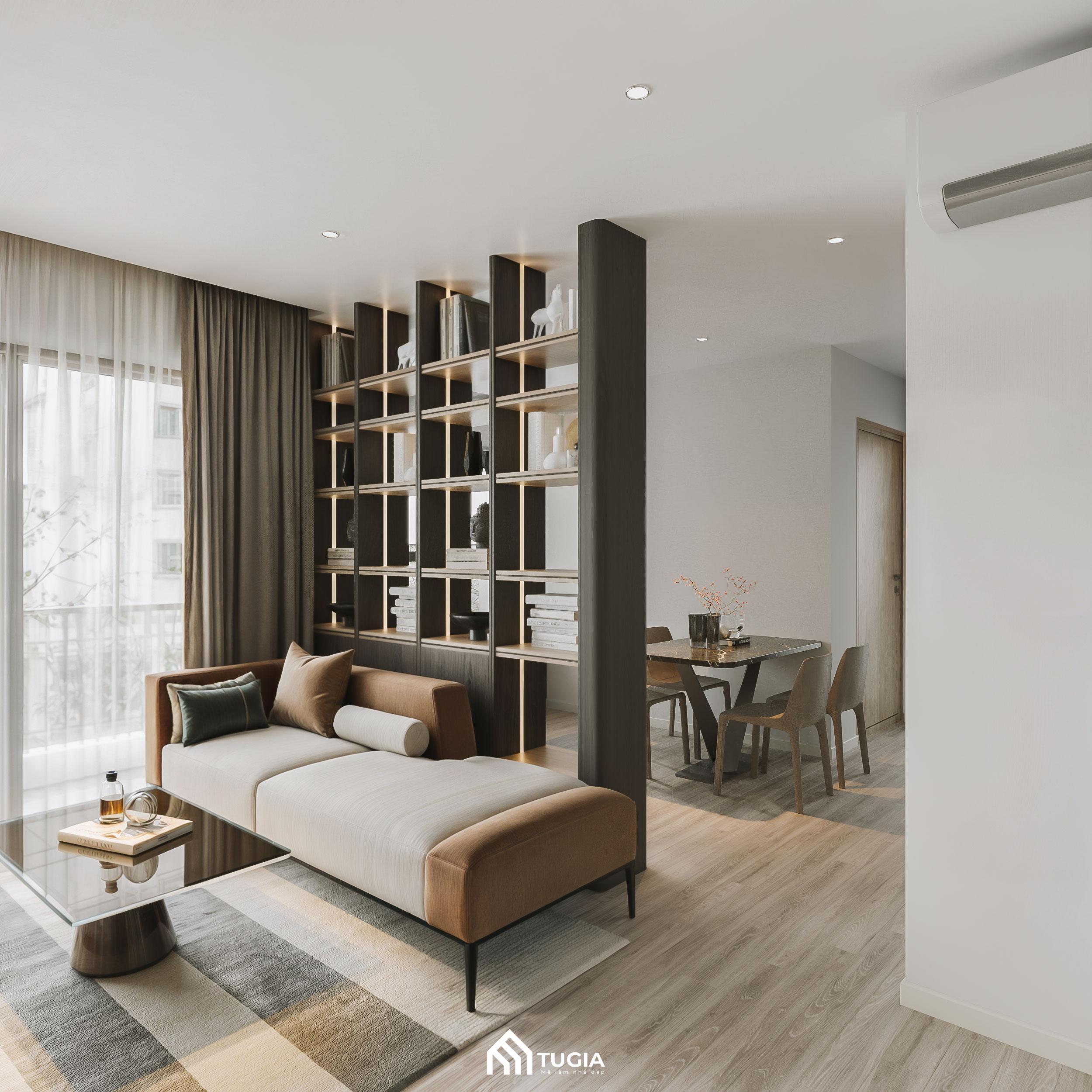 Trang trí phòng khách chung cư có vách ngăn đựng đồ decor tạo điểm nhấn cho toàn bộ không gian