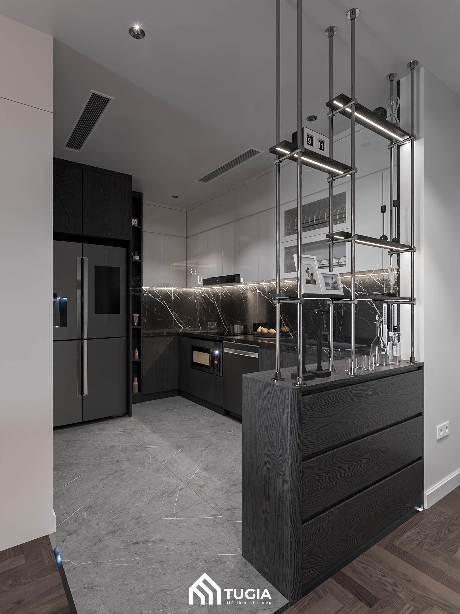 Decor phòng khách chung cư khéo léo với vách ngăn đa năng từ gỗ và inox