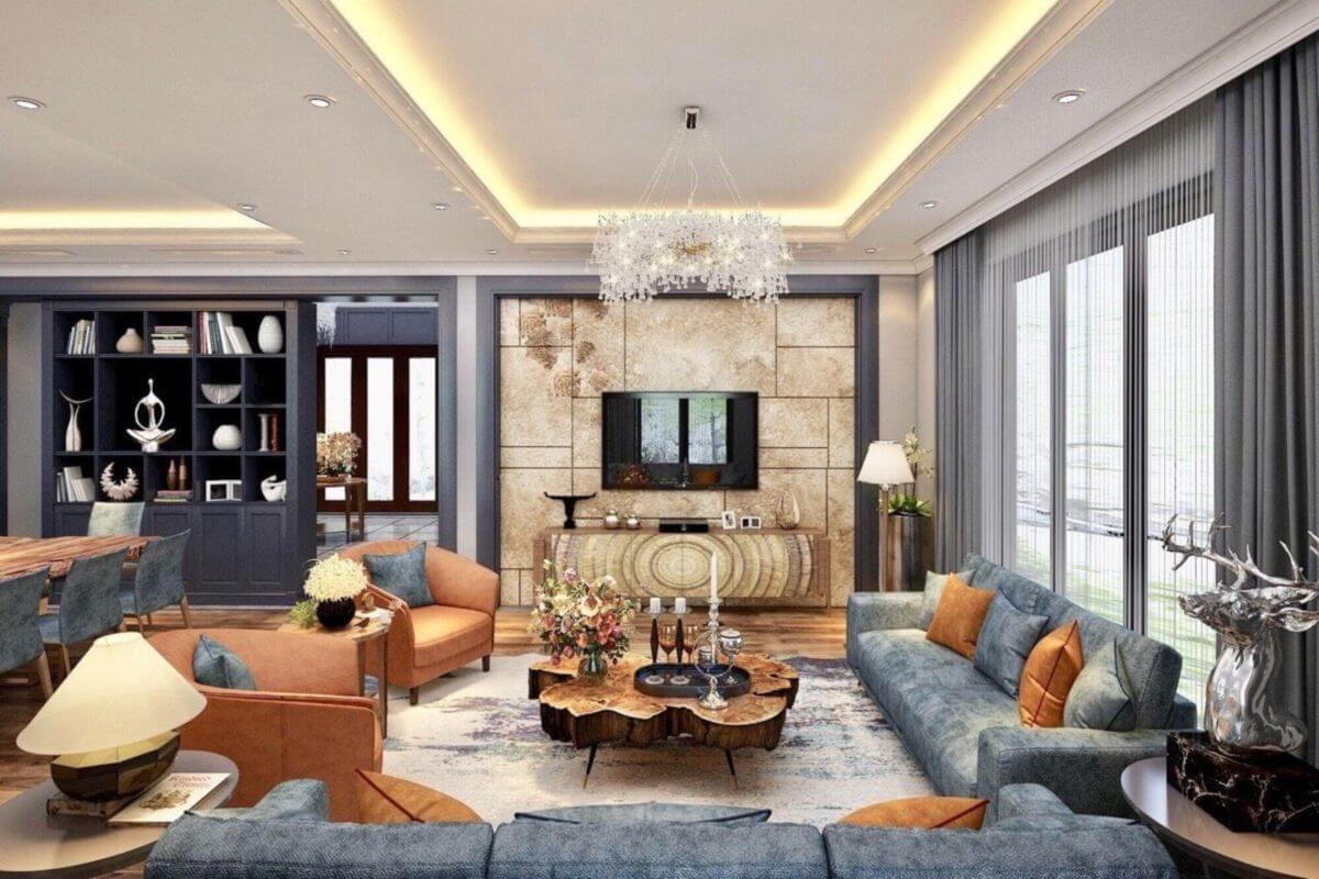 Chất liệu cao cấp, hoa văn tinh xảo, hào nhoáng tạo nên phòng khách phong cách Luxury