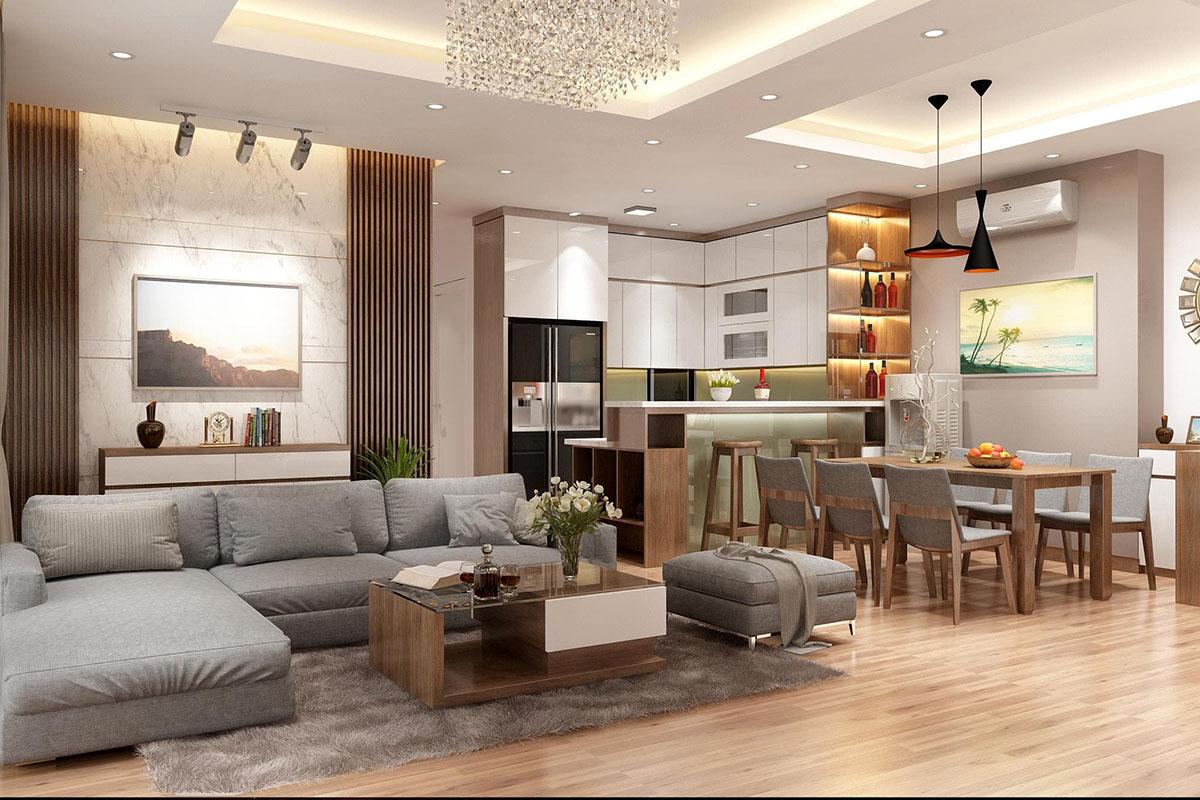 Thiết kế phòng khách chung cư 70m2 sử dụng nội thất L để tối ưu không gian