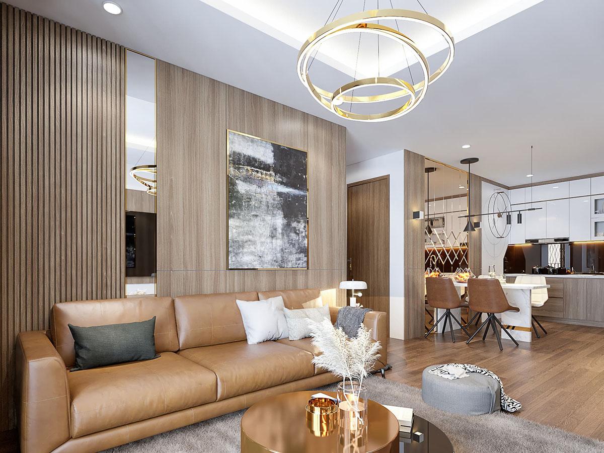 Thiết kế phòng khách chung cư 65m2 sẽ ưu tiên các tone màu trung tính như nâu nhạt, xám,...