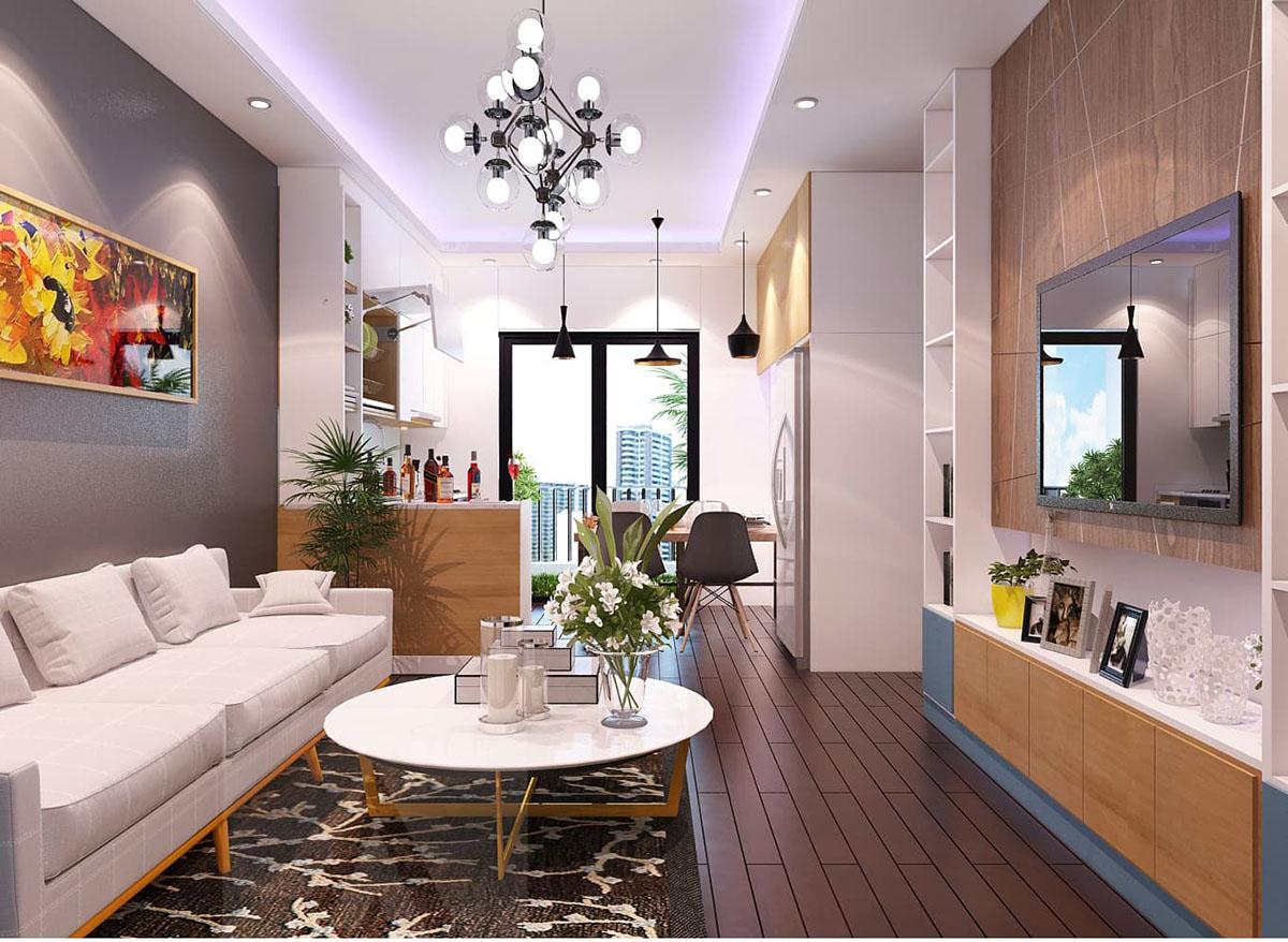 Thiết kế phòng khách chung cư 30m2 sử dụng bàn đảo ngăn chia khách với bếp để tách biệt không gian