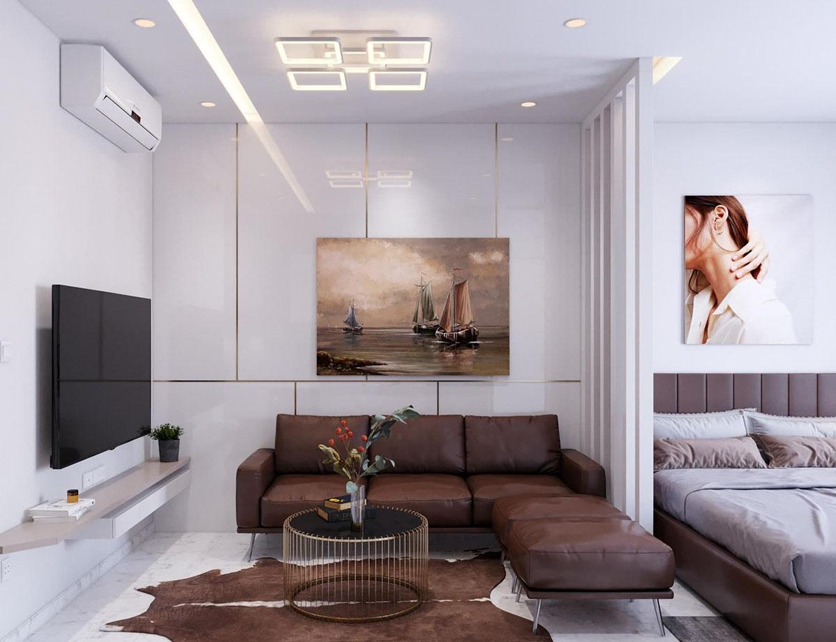 Sử dụng các vách ngăn di động tạo sự riêng tư nhưng thoáng cho phòng khách chung cư 20m2