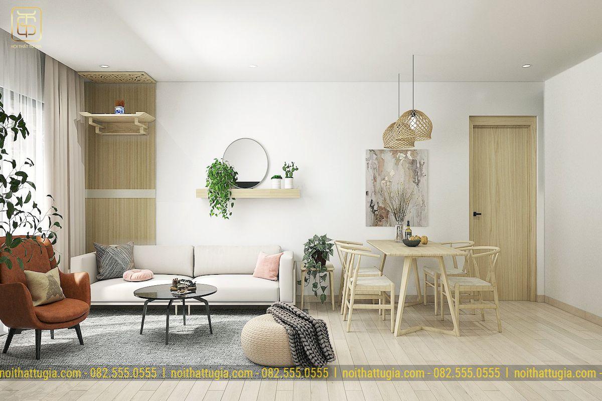 Khi Nội thất Tứ Gia thiết kế phòng khách chung cư Wabi Sabi sẽ sử dụng kệ treo tường làm điểm nhấn cho không gian