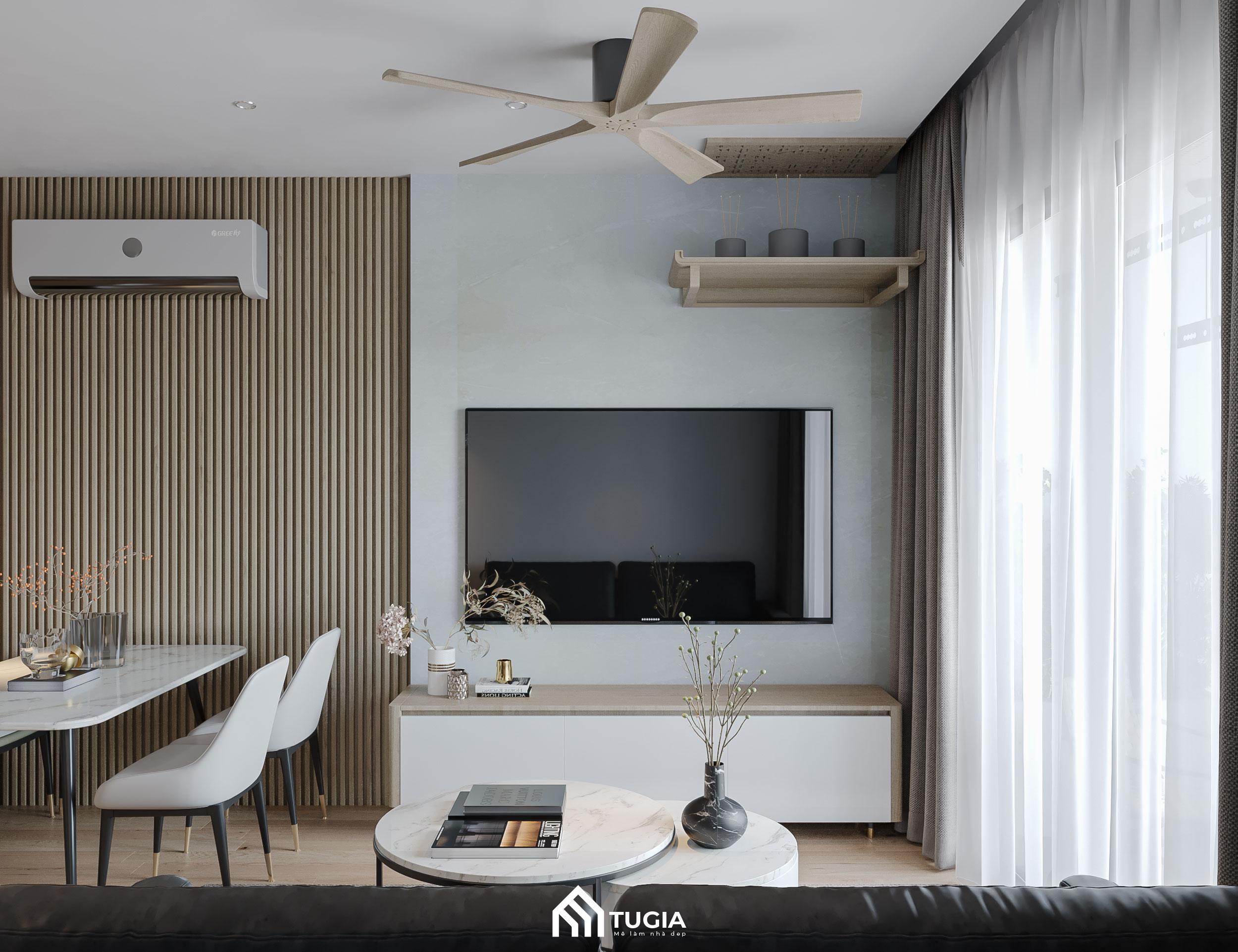 Căn hộ được thiết kế theo phong cách Japandi với điểm nhấn đặc biệt trong cách sử dụng màu sắc là nâu gỗ - xám