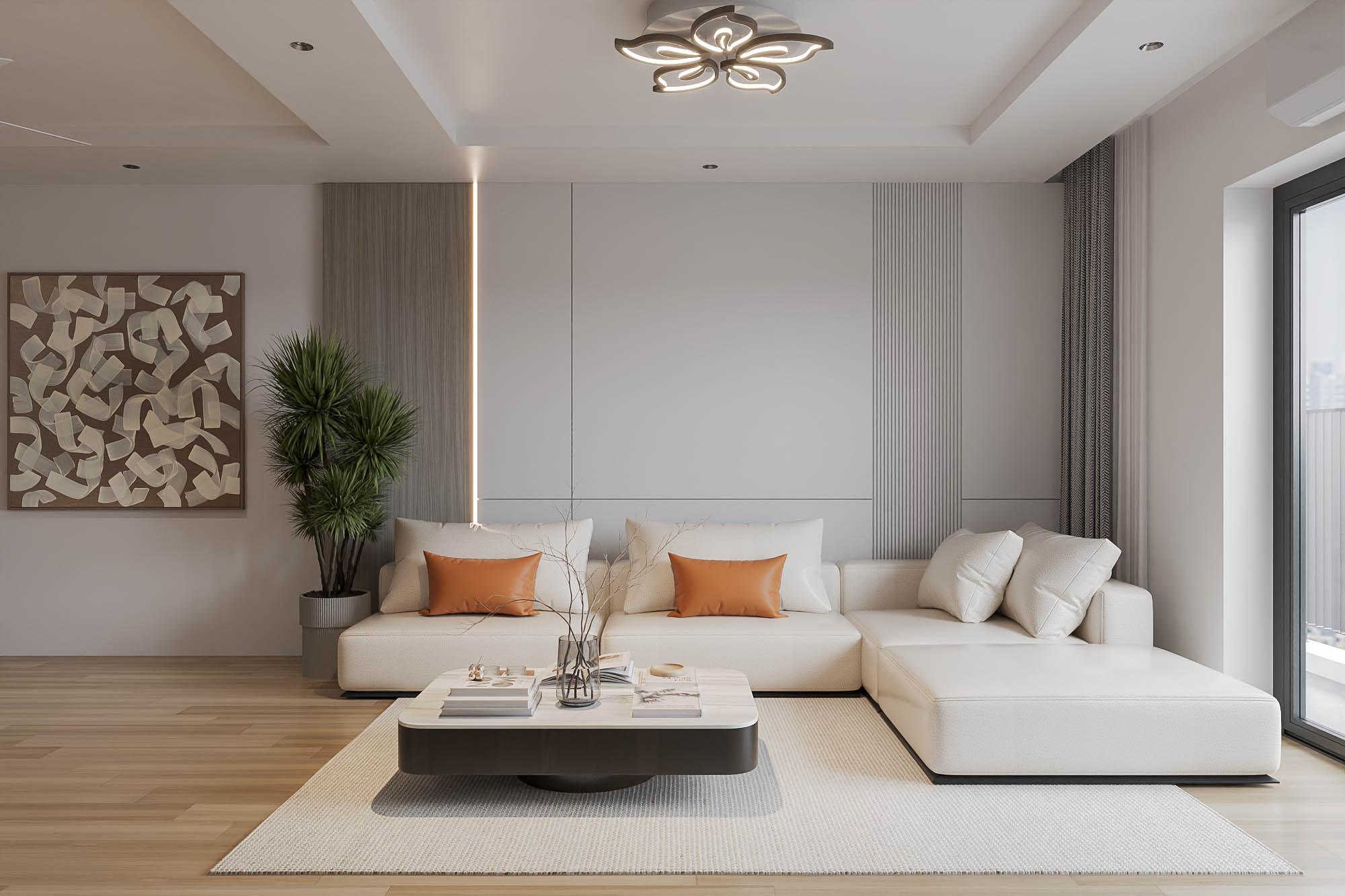 Sử dụng bộ sofa chữ L sáng bóng ôm theo góc tường phòng khách giúp tận dụng tối đa góc chết