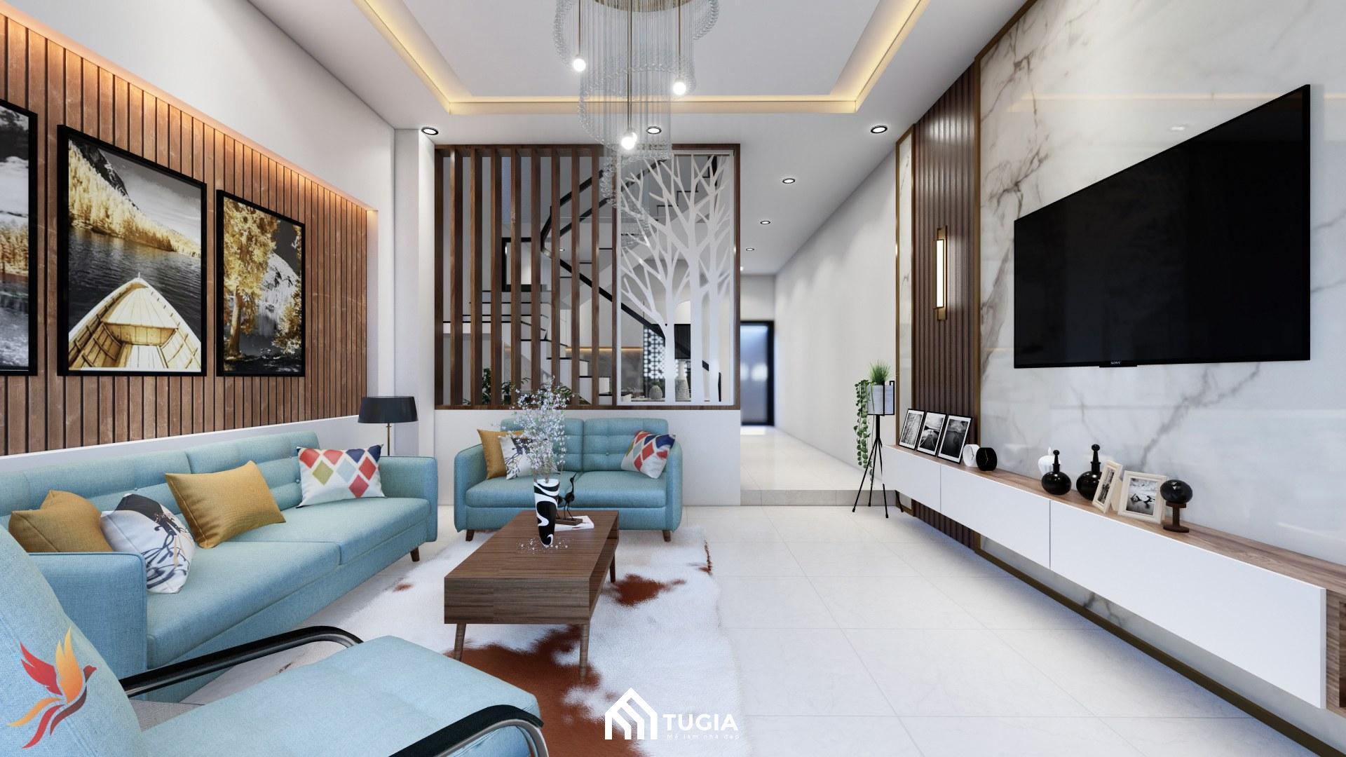 Thiết kế bếp liền phòng khách được phân chia bằng cầu thang