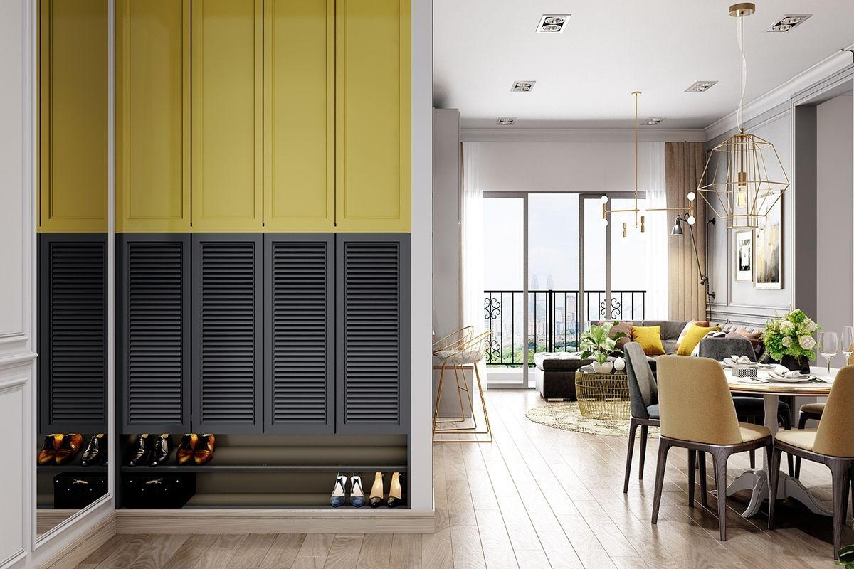 Thiết kế phòng bếp liền kề với phòng khách của căn hộ chung cư ưu tiên công năng sử dụng