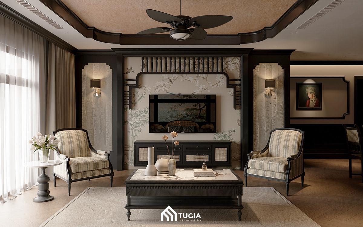 Tất cả nội thất trong phòng khách mang phong cách Indochine đều được bài trí bố cục một cách cân đối
