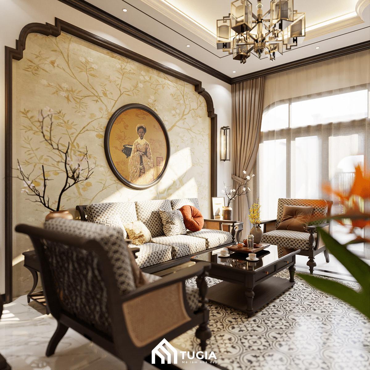 Mẫu phòng khách Indochine cho chung cư mang tone màu nhẹ nhàng, thanh lịch và không kém phần sang trọng