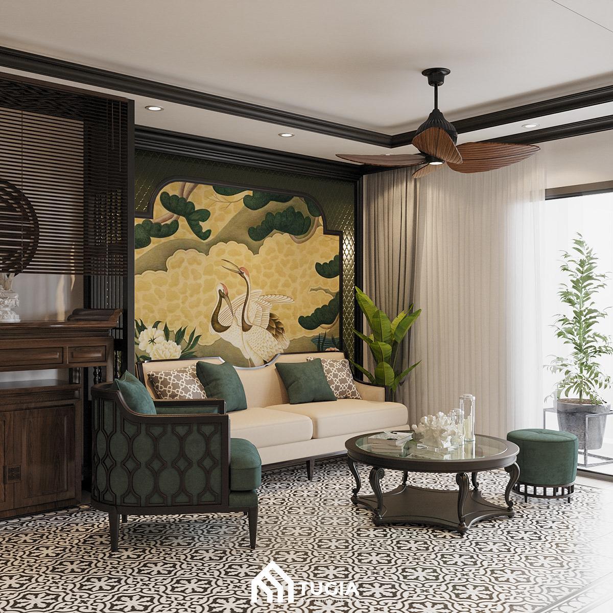 Mẫu phòng khách chung cư phong cách Indochine được phối màu theo quy tắc tương phản đầy sáng tạo tại Nội thất Tứ Gia