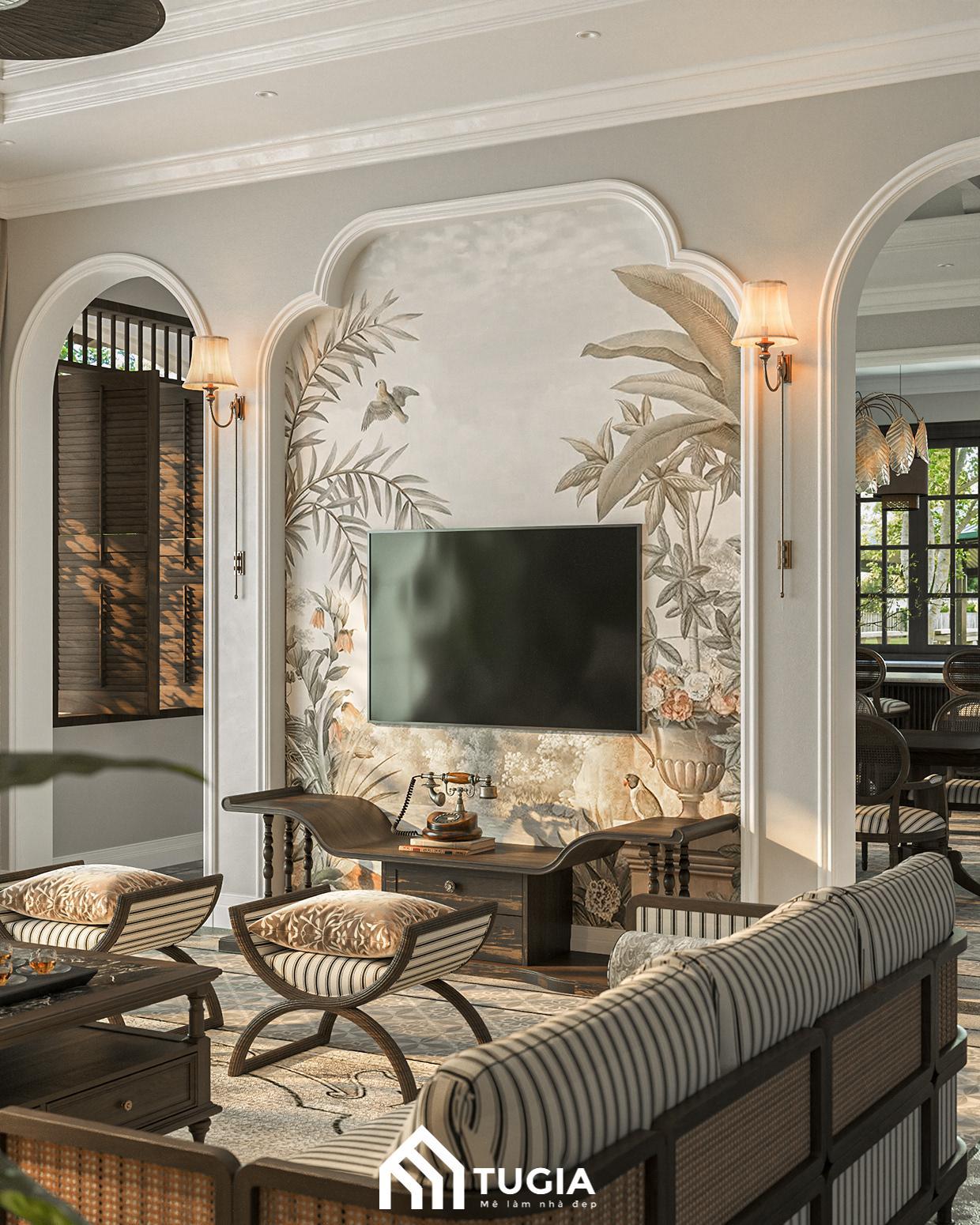 Mẫu phòng khách Indochine với các họa tiết cổ điển nhưng vẫn toát lên được sự thanh lịch và đầy quý phái