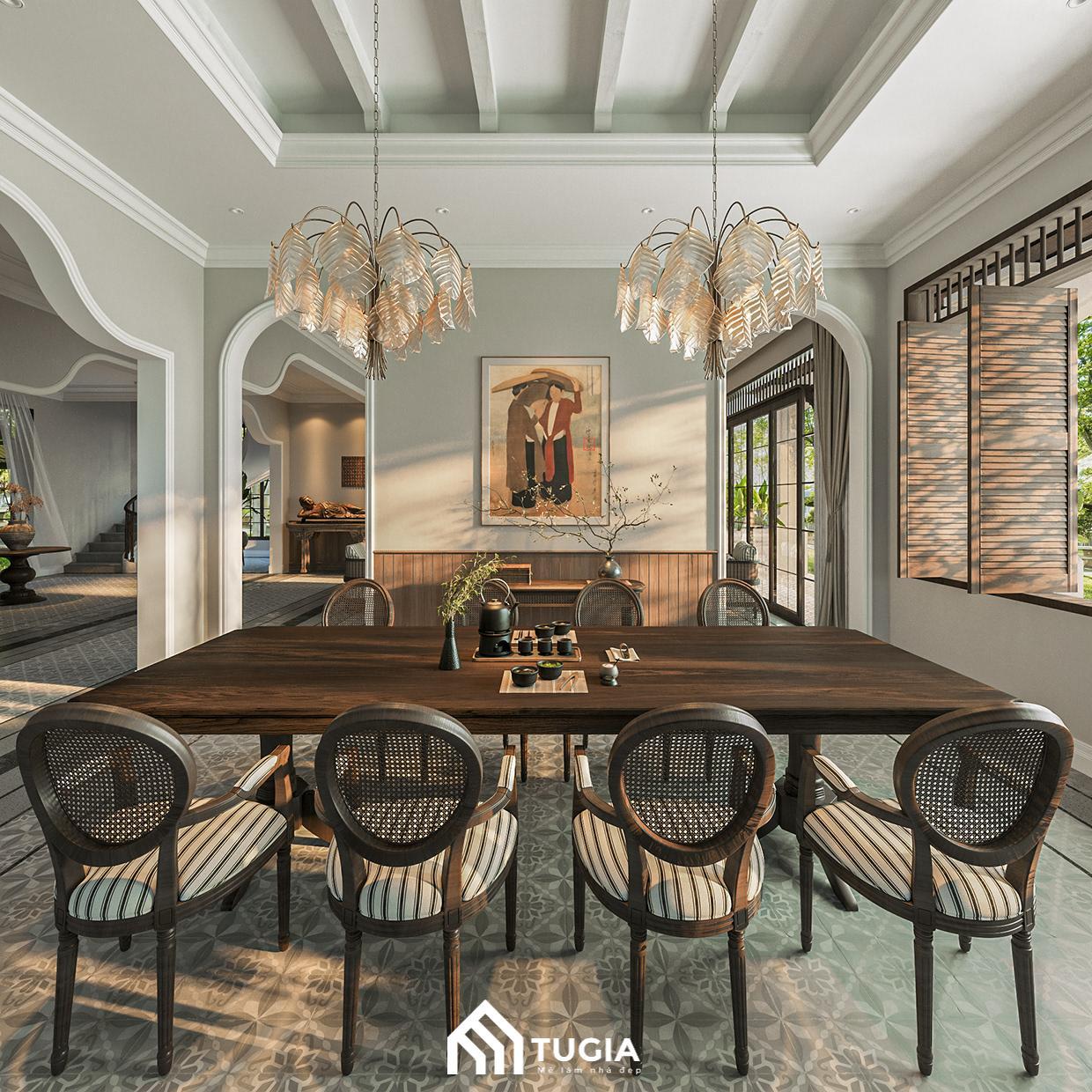 Mẫu phòng khách cho nhà phố được các KTS của Nội thất Tứ Gia thiết mang đậm chất Indochine trong lối chọn nội thất và cách phối màu