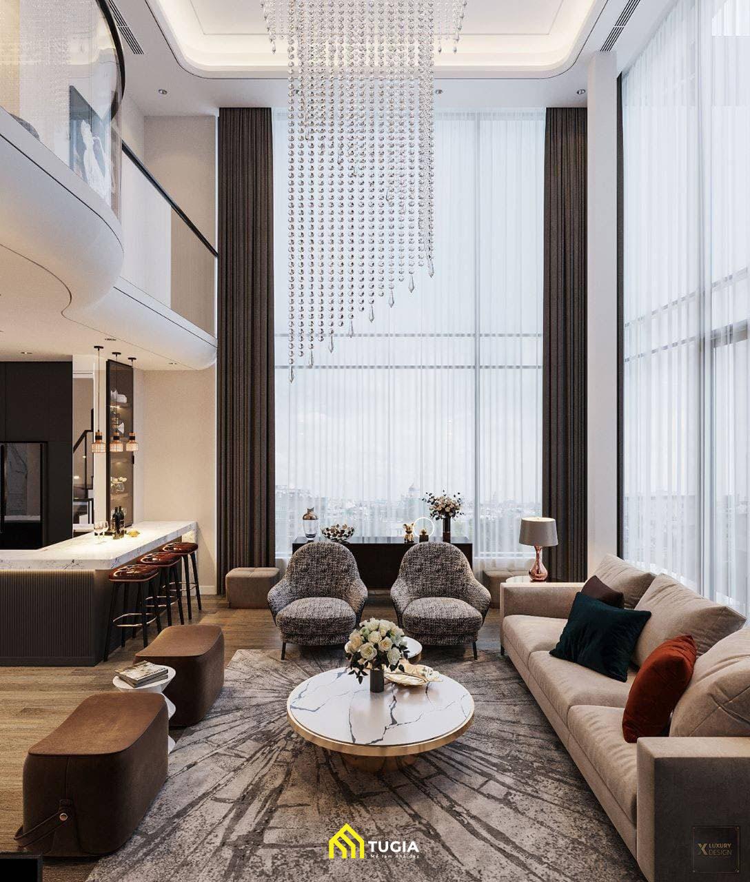 Không gian căn Penthouse có sự gắn kết hơn khi sử dụng thiết kế thông tầng