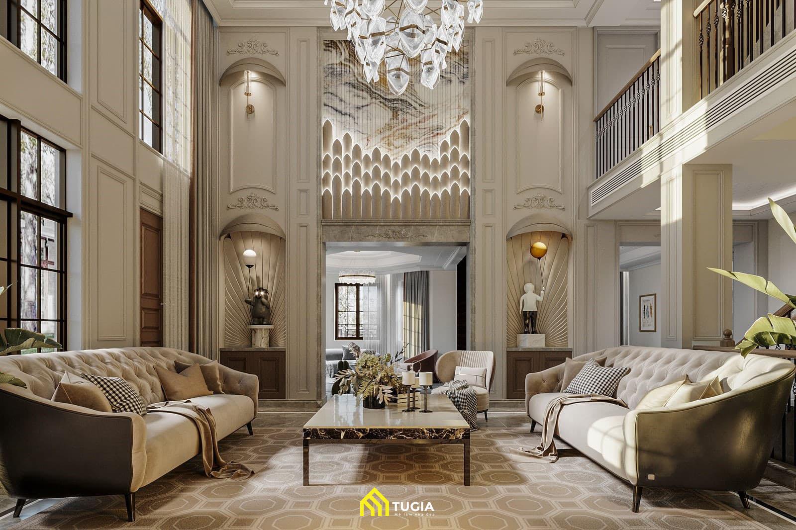 Nội thất hiện đại với sự đa dạng chất liệu chính là điểm nhấn cho phòng khách đẹp thông tầng