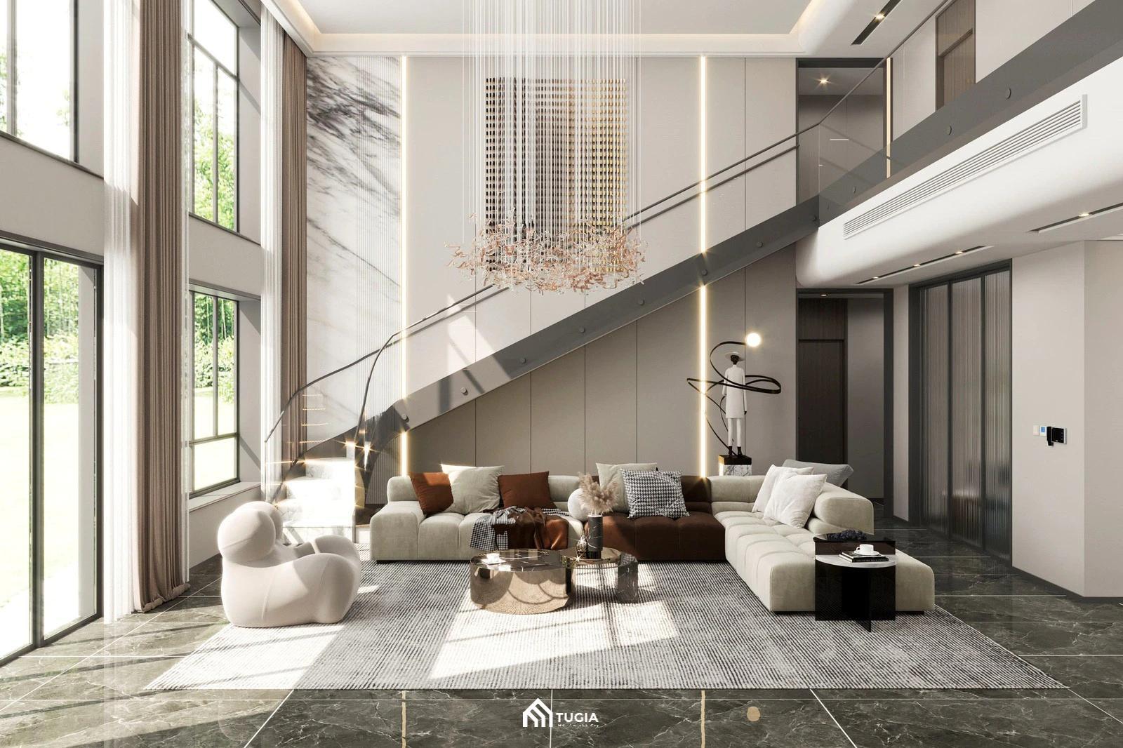 Mẫu thiết kế phòng khách thông tầng Penthouse sở hữu vẻ đẹp độc đáo, hiện đại