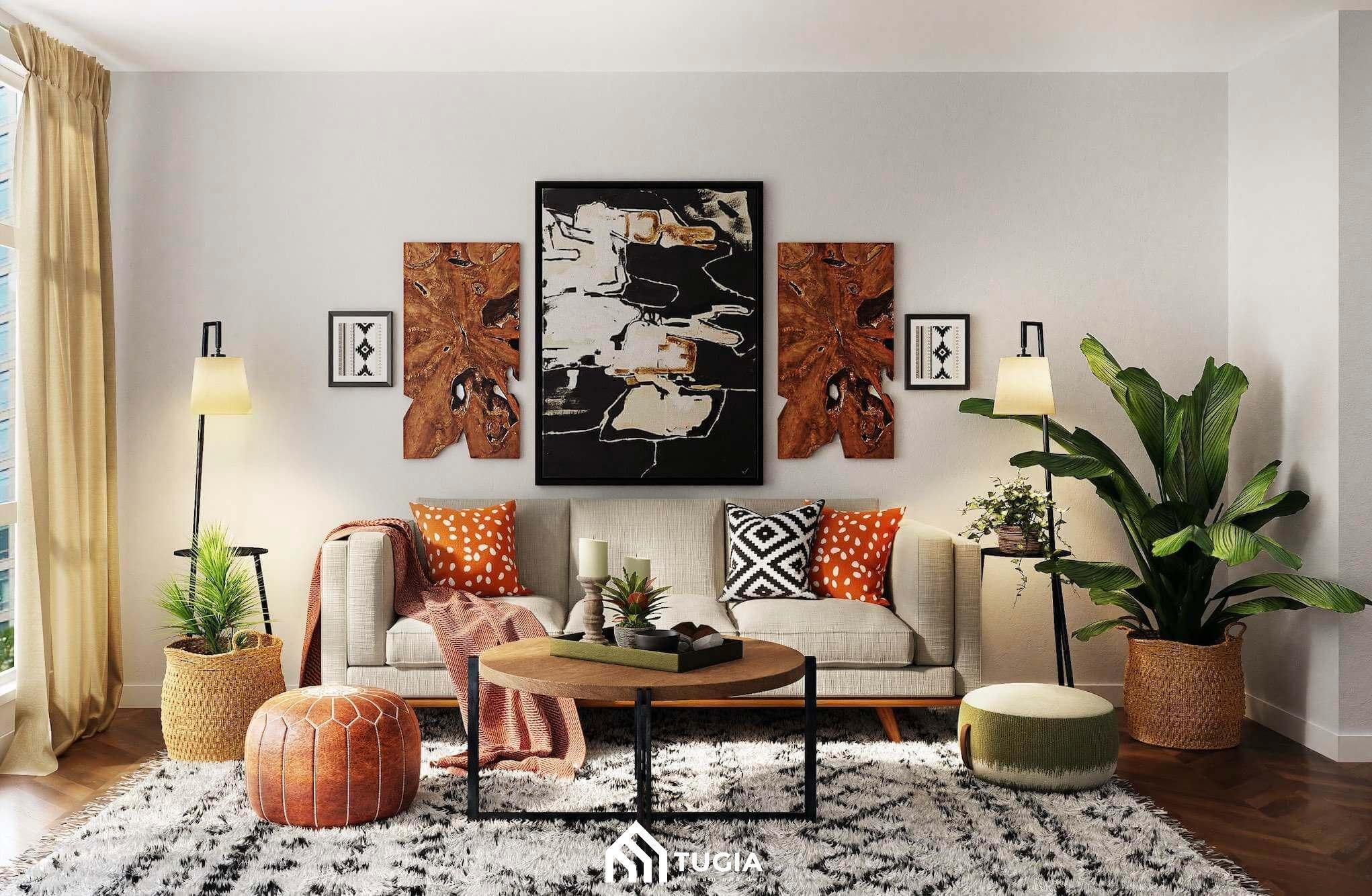 Việc bố trí thêm cây xanh cho mẫu phòng khách Vintage sẽ giúp căn phòng thêm màu sắc và lọc không khí cho căn phòng