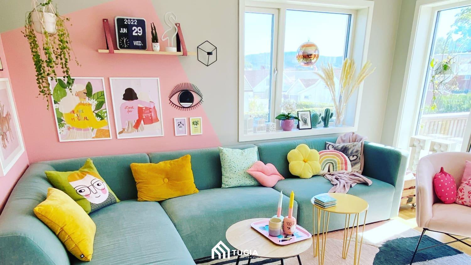 Phòng khách Vintage sử dụng nhiều tone màu pastel kết hợp đầy trẻ trung và sáng tạo