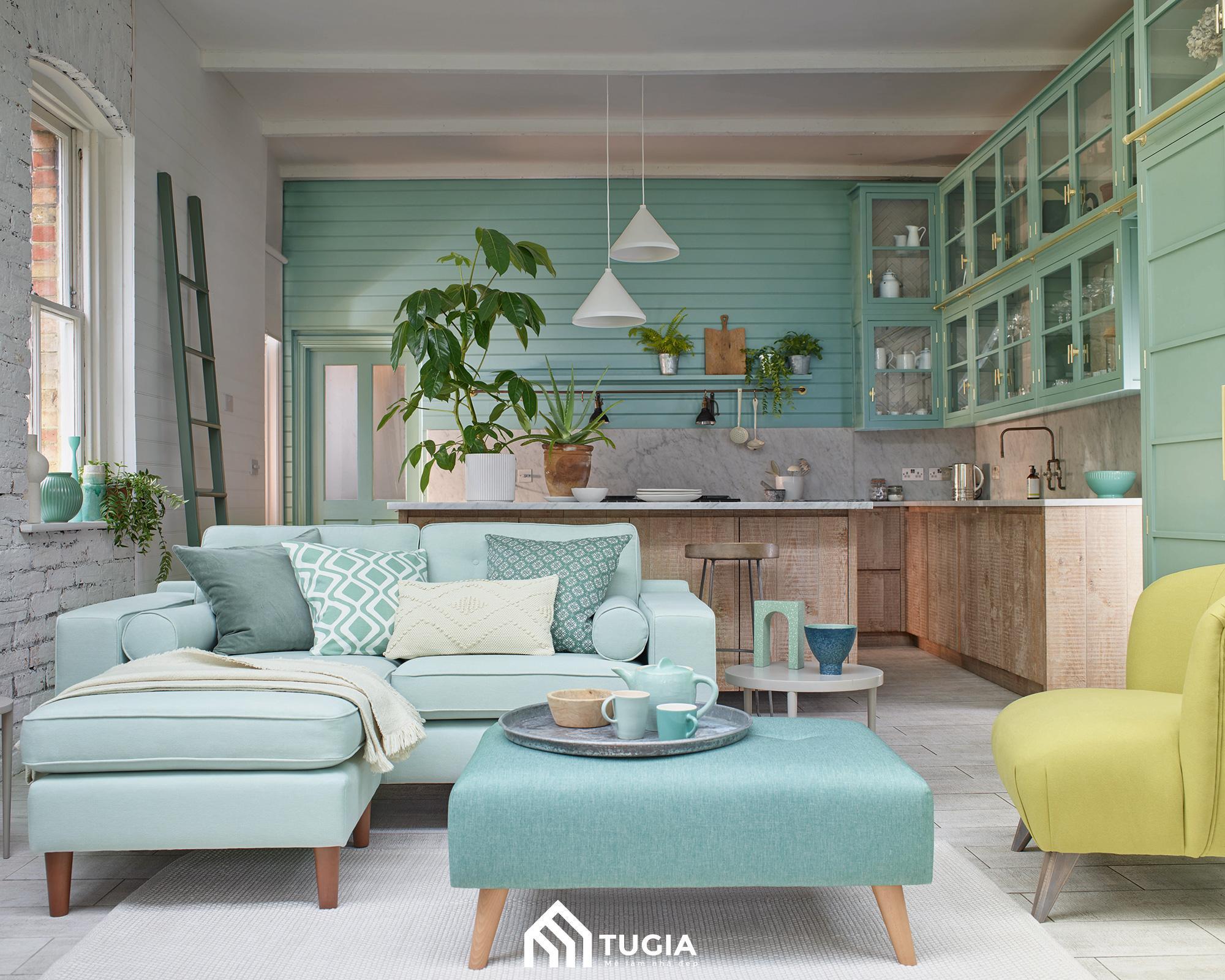 Màu chủ đạo xanh pastel cùng màu vàng, trắng, be,... được KTS của Nội thất Tứ Gia kết hợp hài hòa