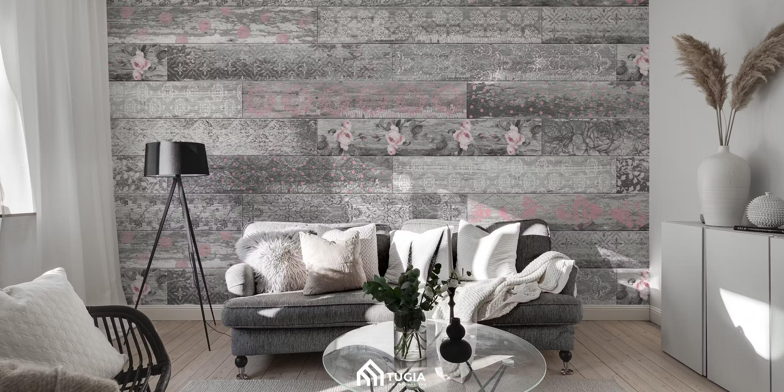 Mẫu phòng khách Vintage với tone màu xám làm màu chủ đạo có tường được thiết kế họa tiết độc đáo
