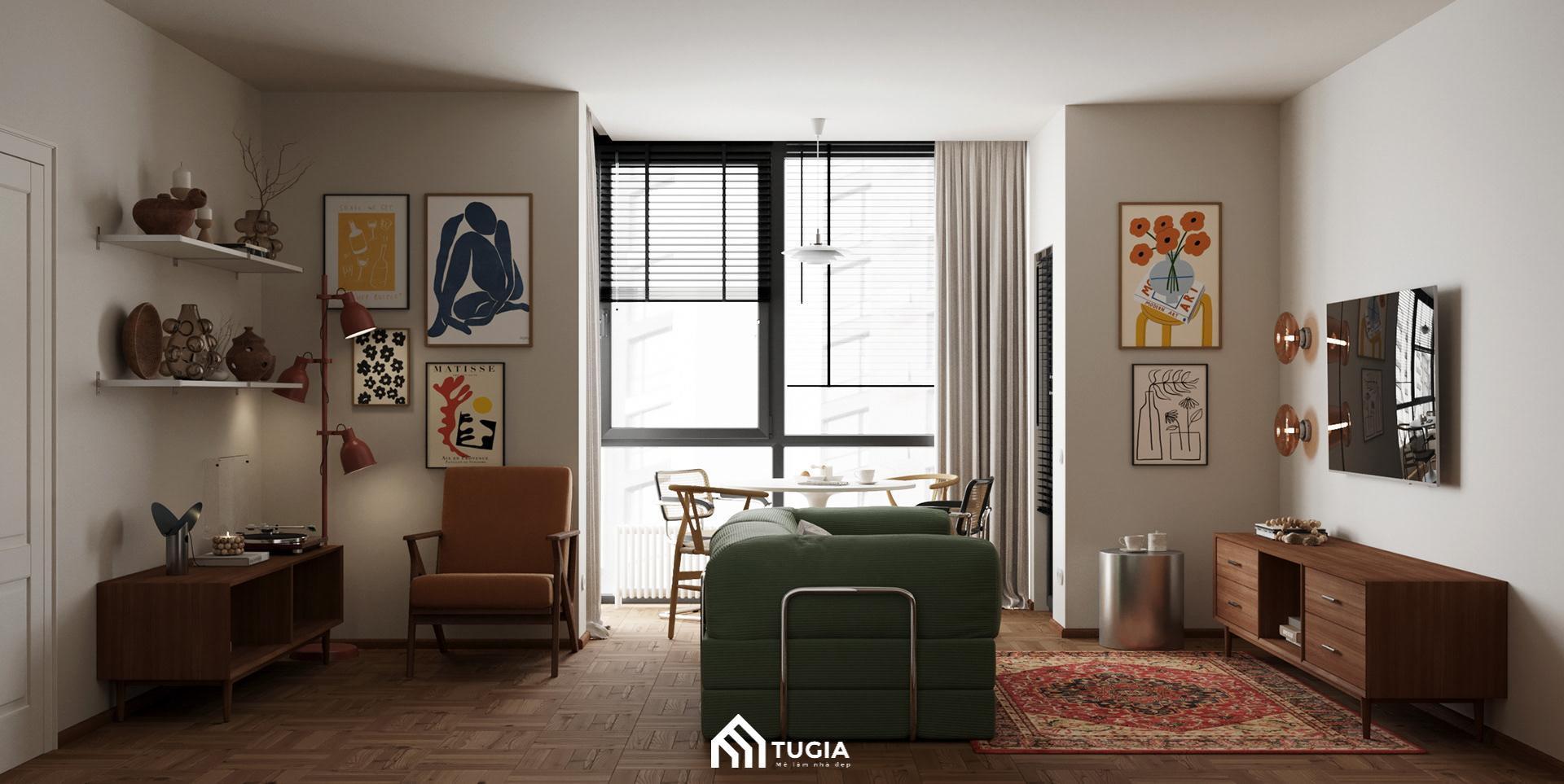 Lối thiết kế phong cách Pop Color cho phòng khách Vintage, lấy tranh treo tường màu sắc làm điểm nhấn