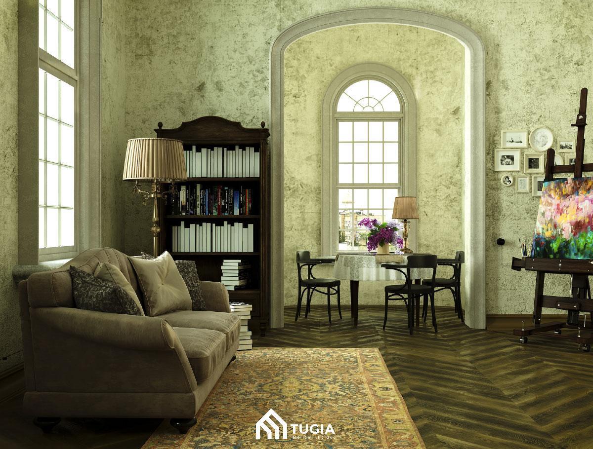 Mẫu phòng khách Vintage cho biệt thực được kết hợp làm phòng đọc sách yên tĩnh