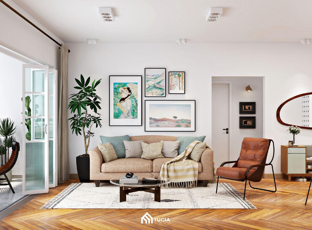 Mẫu phòng khách với màu trắng là tông màu được decor phong cách Vintage