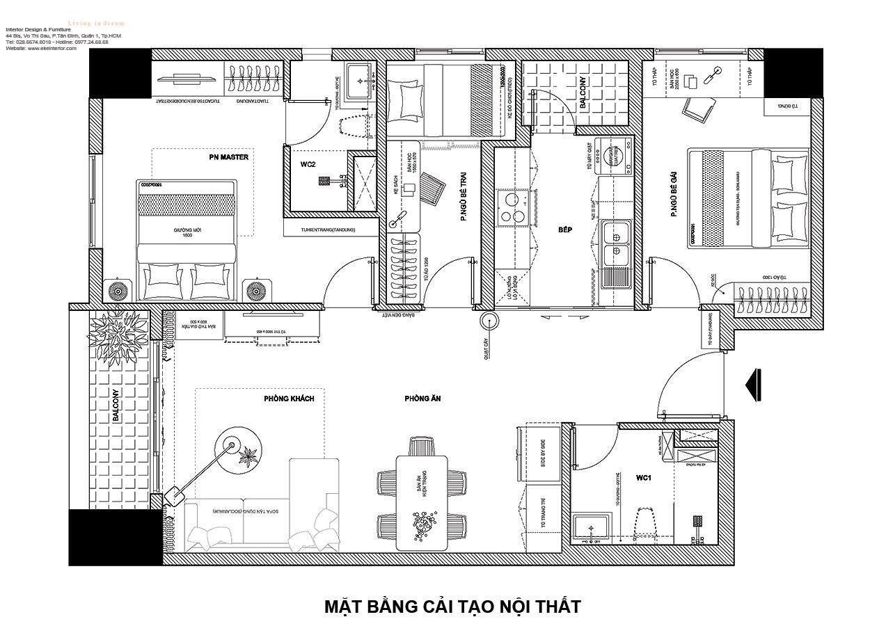 Bản vẽ bố trí mặt bằng phòng ngủ chung cư được đặt cùng 1 phía giúp tối ưu công năng sử dụng
