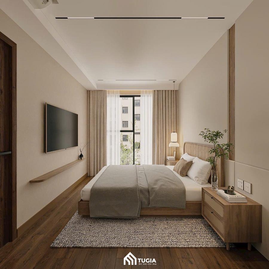 Mẫu phòng ngủ Japandi nhẹ nhàng, ấm cúng dành cho chung cư với các chất liệu chủ yếu từ tự nhiên
