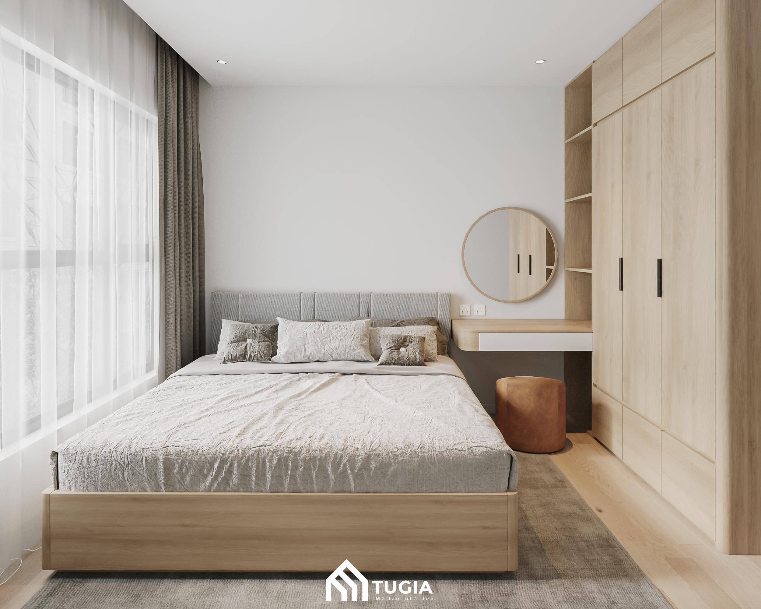 Mẫu thiết kế phòng ngủ chung cư tối giản với nội thất bằng gỗ công nghiệp cao cấp