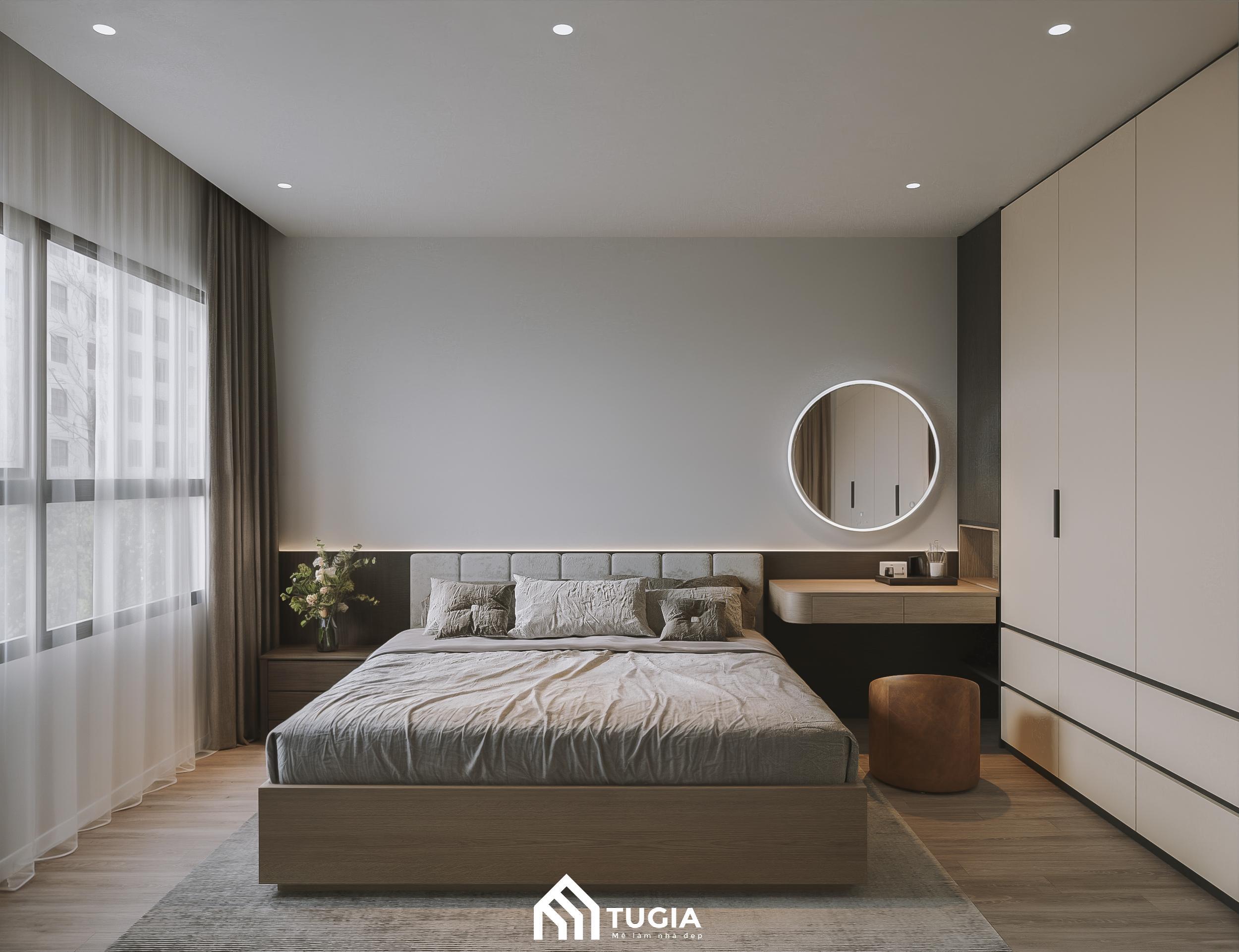 Mẫu thiết kế nội thất phòng ngủ chung cư đơn giản và đầy đủ tiện nghi với tủ quần áo kịch trần