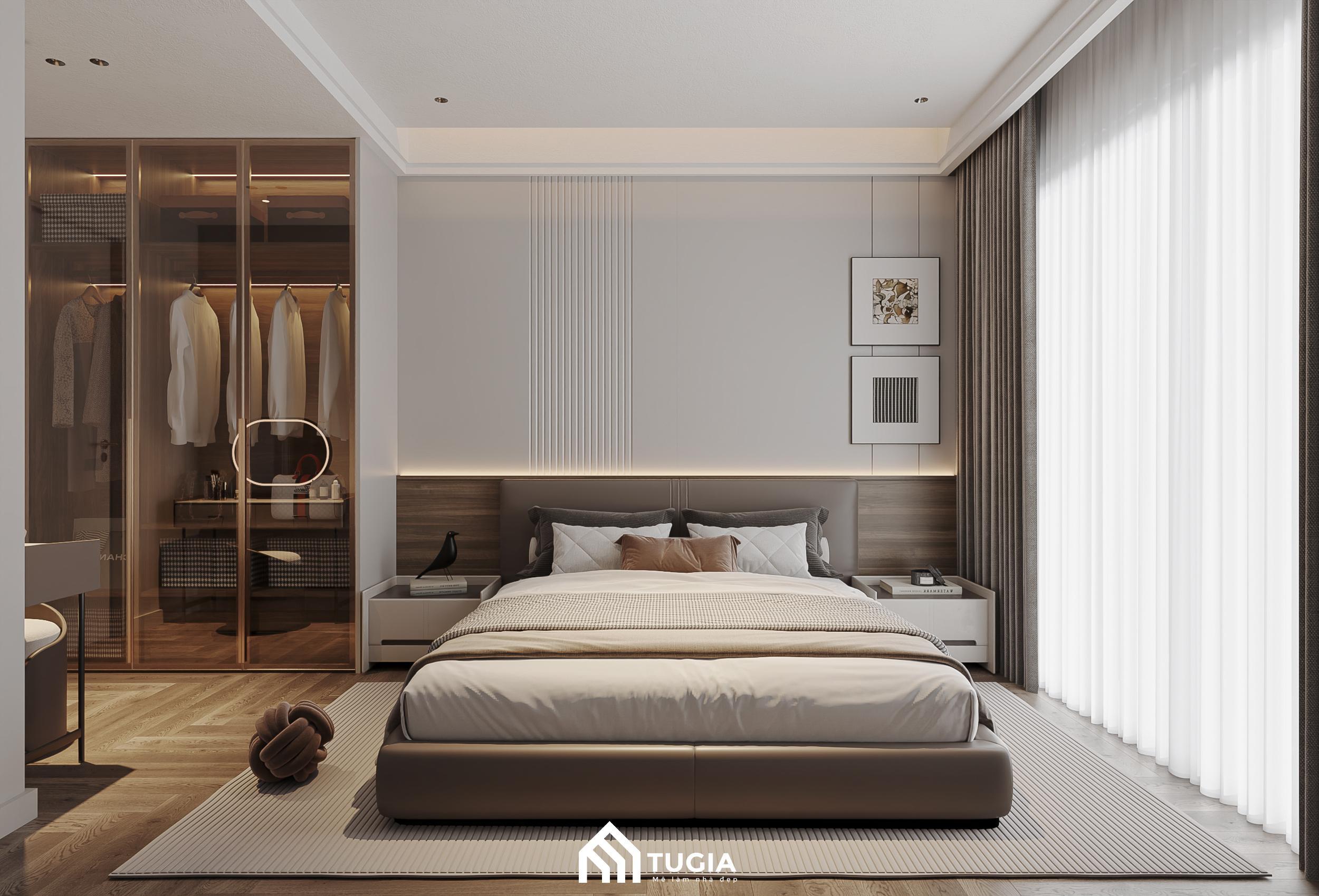 Mẫu phòng ngủ chung cư đẹp cho 2 vợ chồng với hệ tủ quần áo cánh kính cực sang trọng